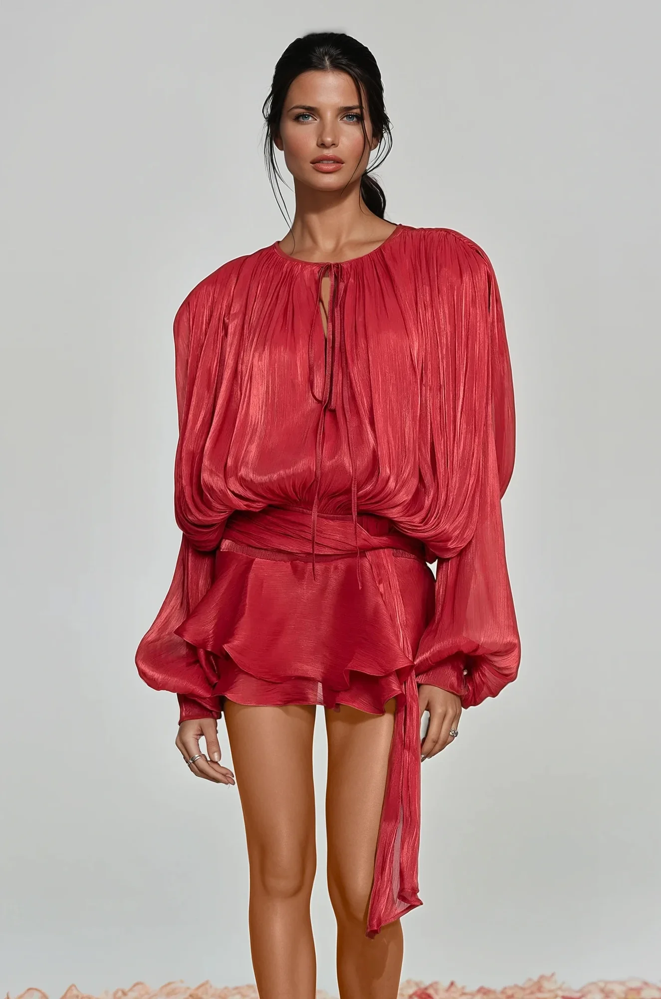 Red Balloon Sleeve Ruched Mini Dress