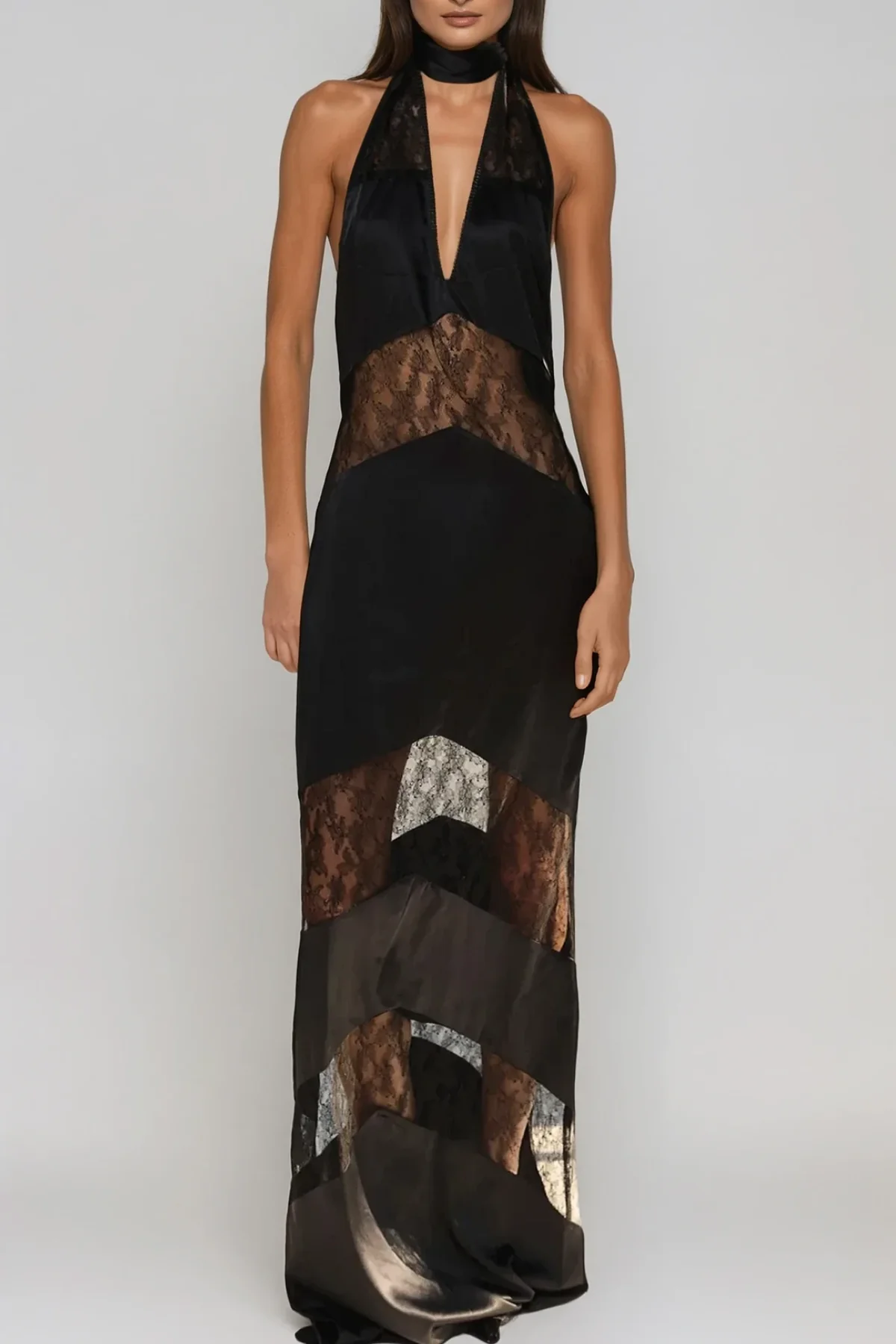Black Satin Floral Maxi Dress with Lace Cutout Design