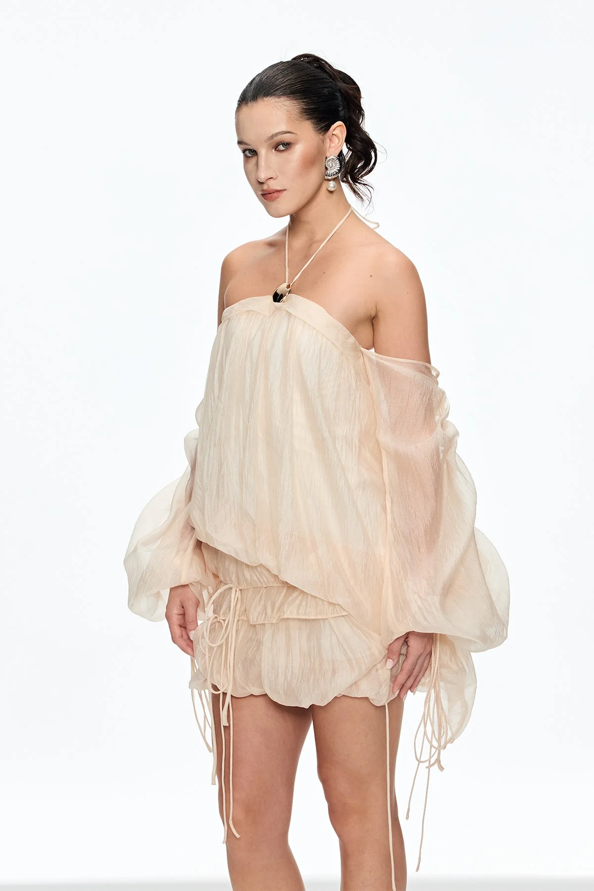 Beige Lace-Up Off-Shoulder Mini Dress