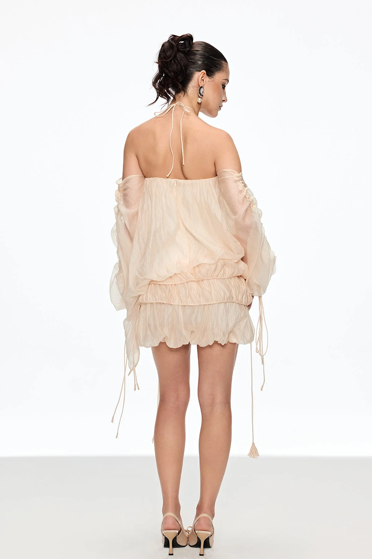 Beige Lace-Up Off-Shoulder Mini Dress