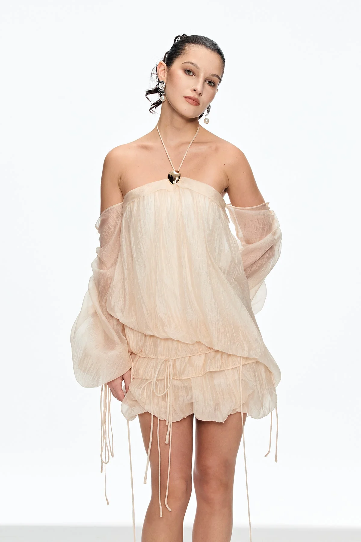 Beige Lace-Up Off-Shoulder Mini Dress