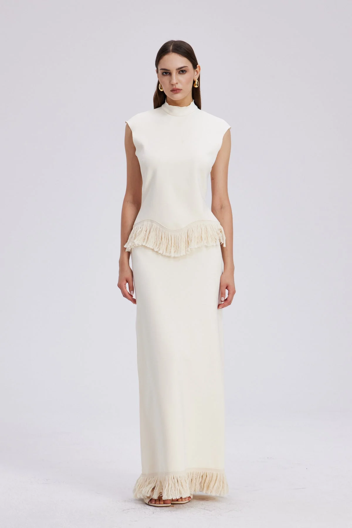 Apricot Fringe Knit Skirt Set