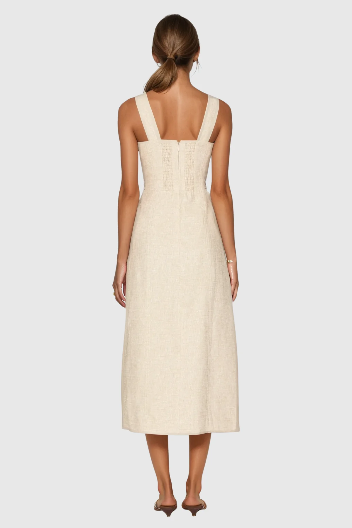 Beige Lace-Up Split Maxi Dress