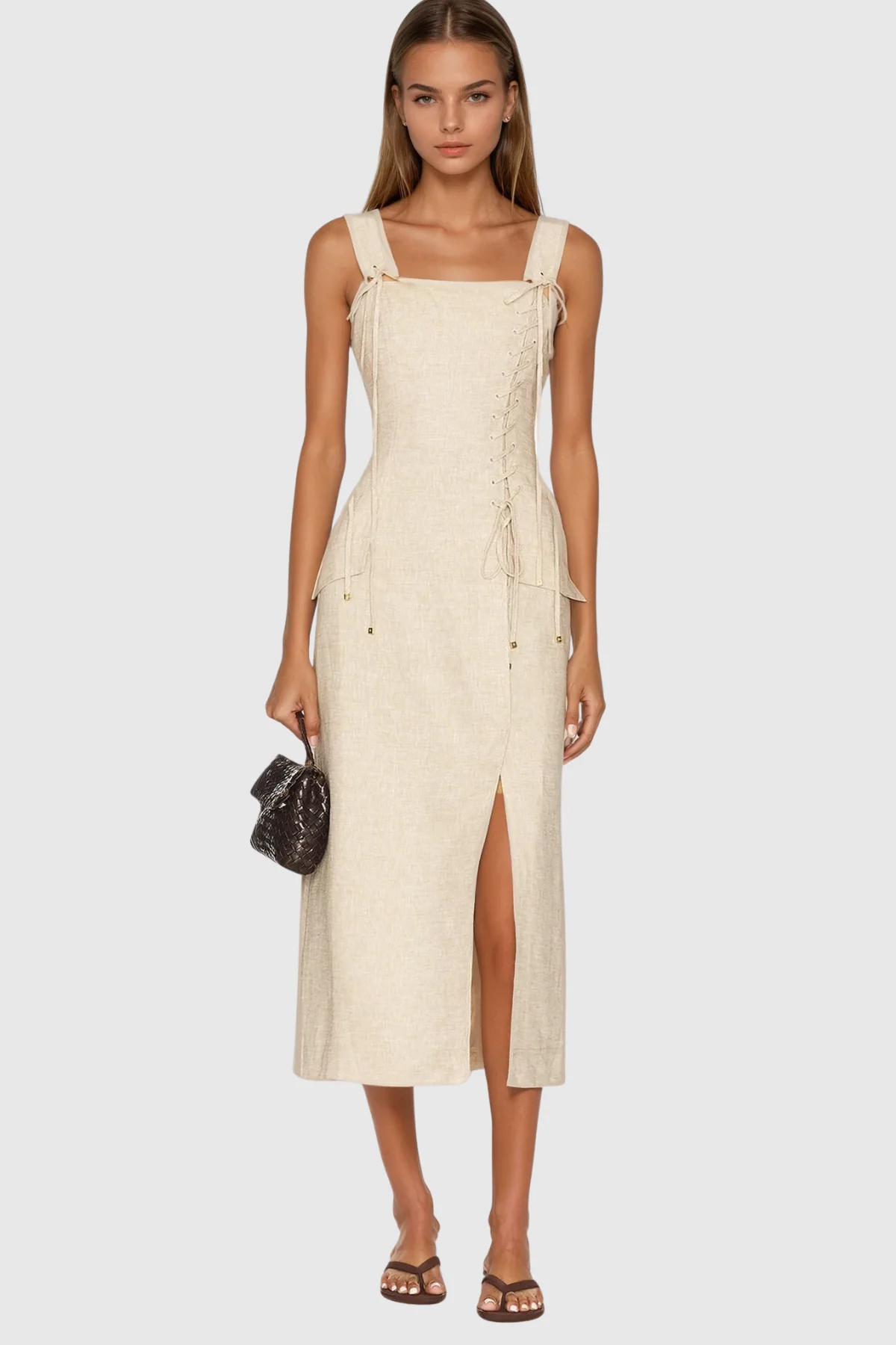 Beige Lace-Up Split Maxi Dress