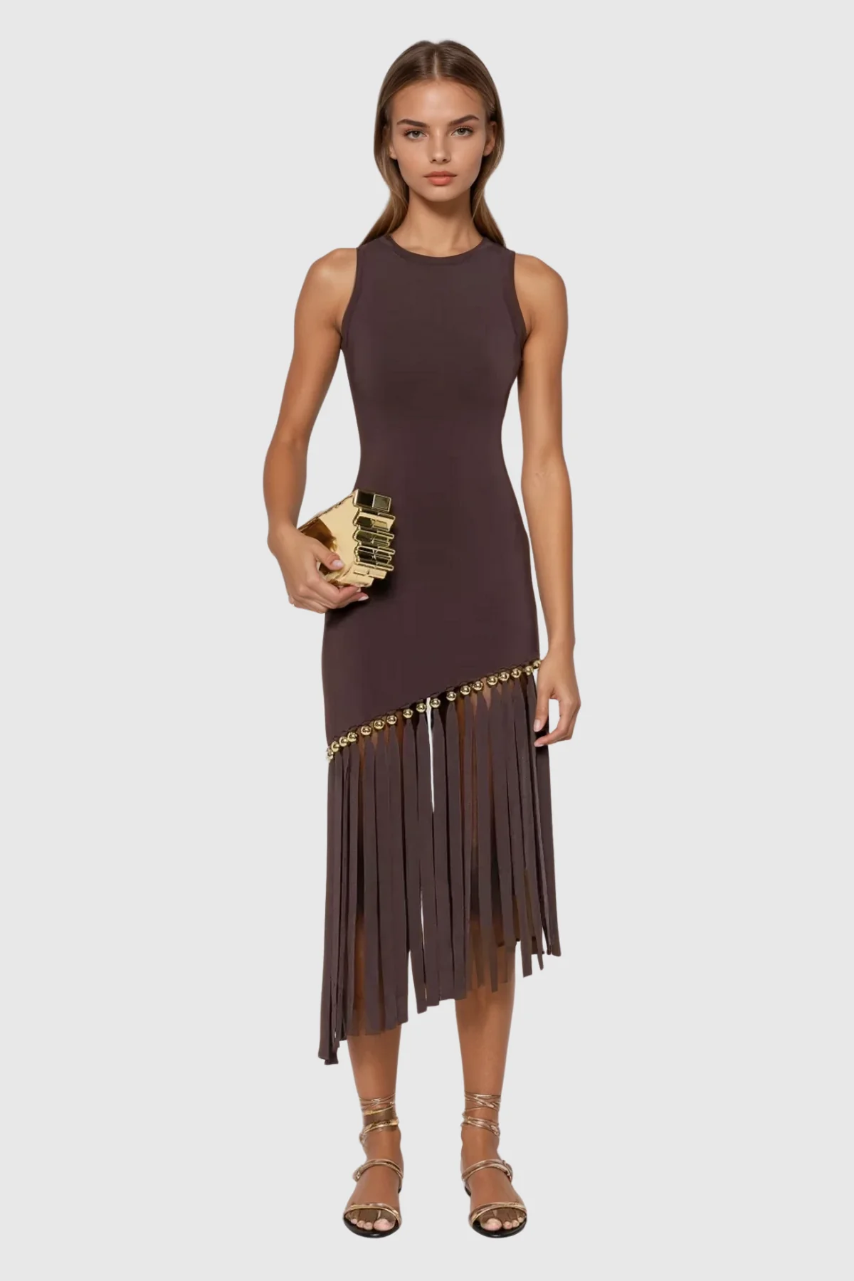 Brown Fringe Sleeveless Midi Dress