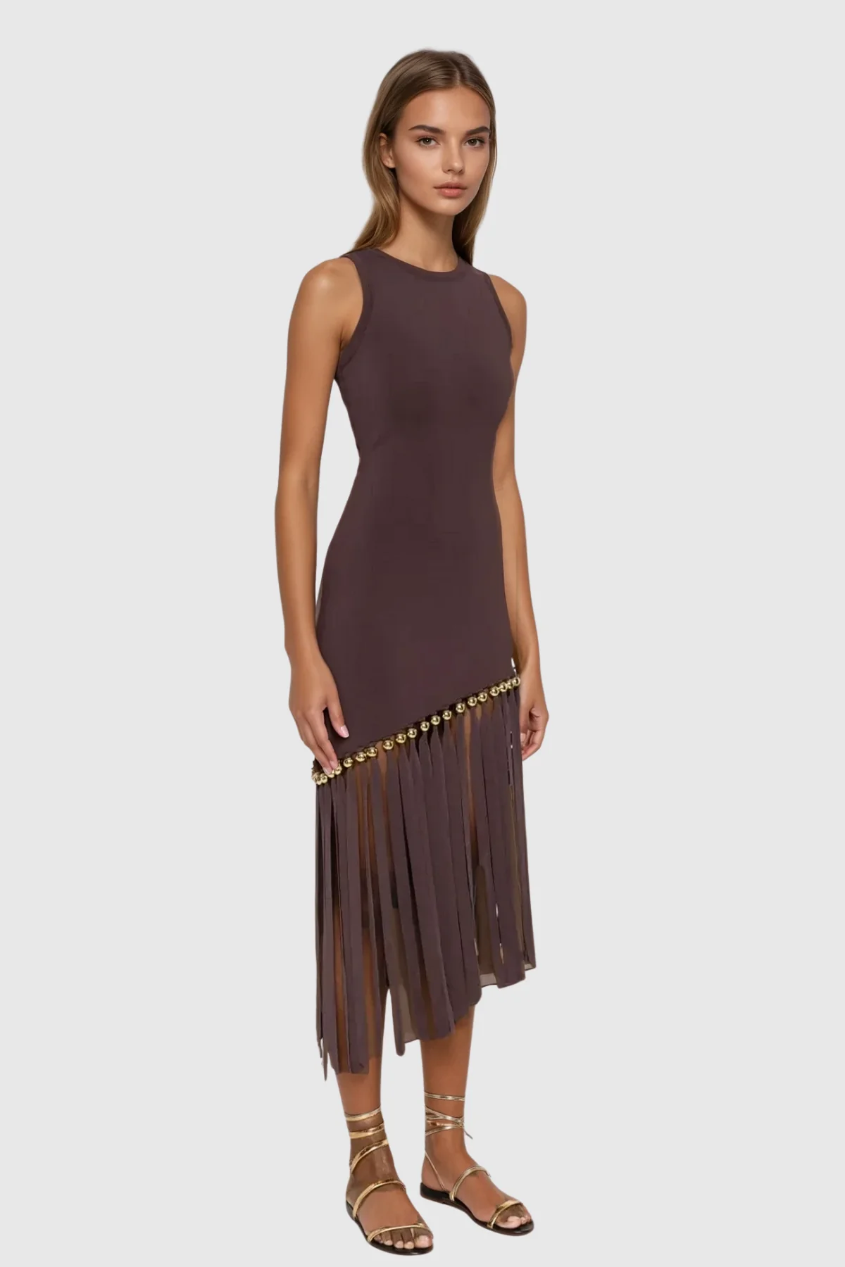 Brown Fringe Sleeveless Midi Dress