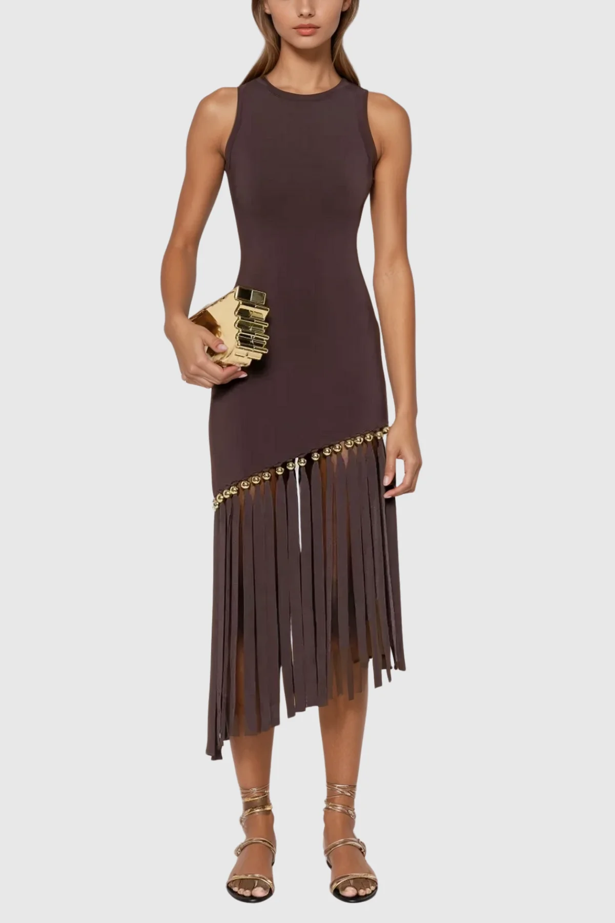 Brown Fringe Sleeveless Midi Dress