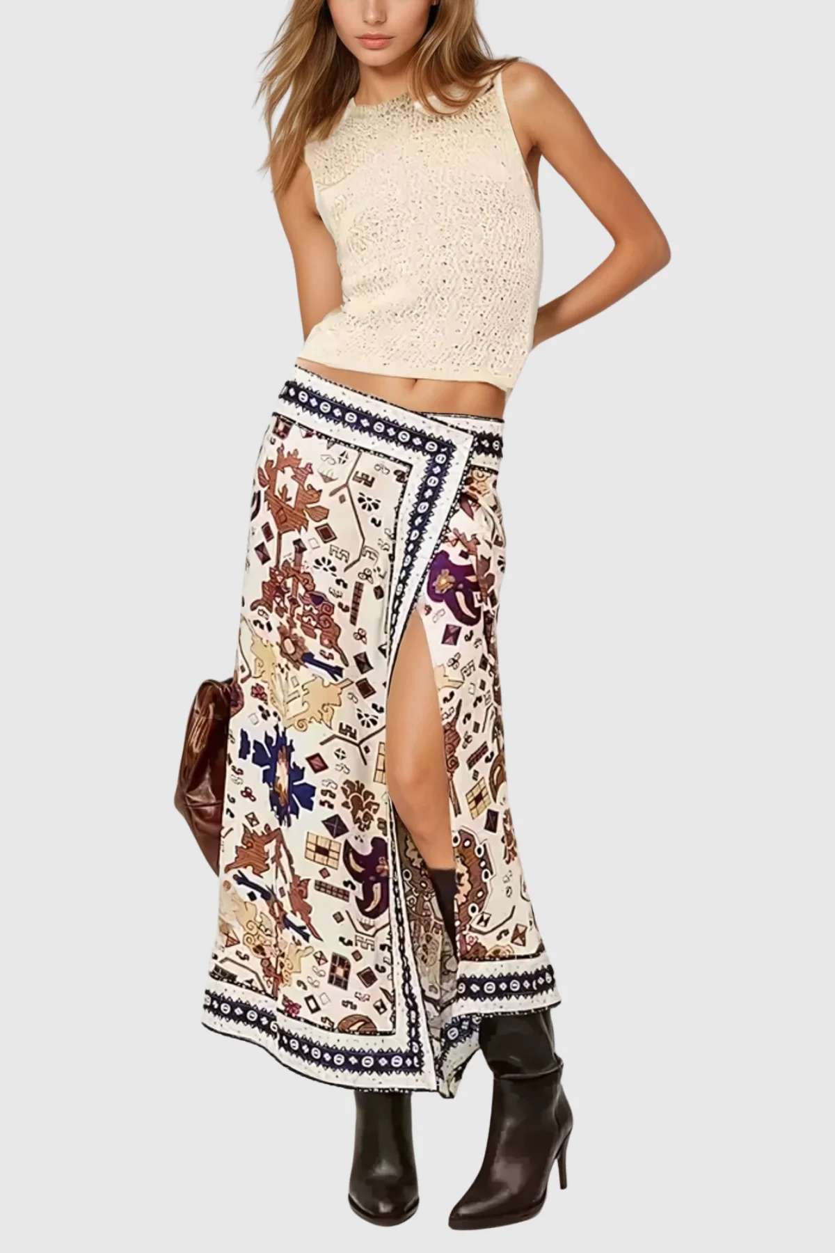 Boho White Printed Split Maxi Skirt