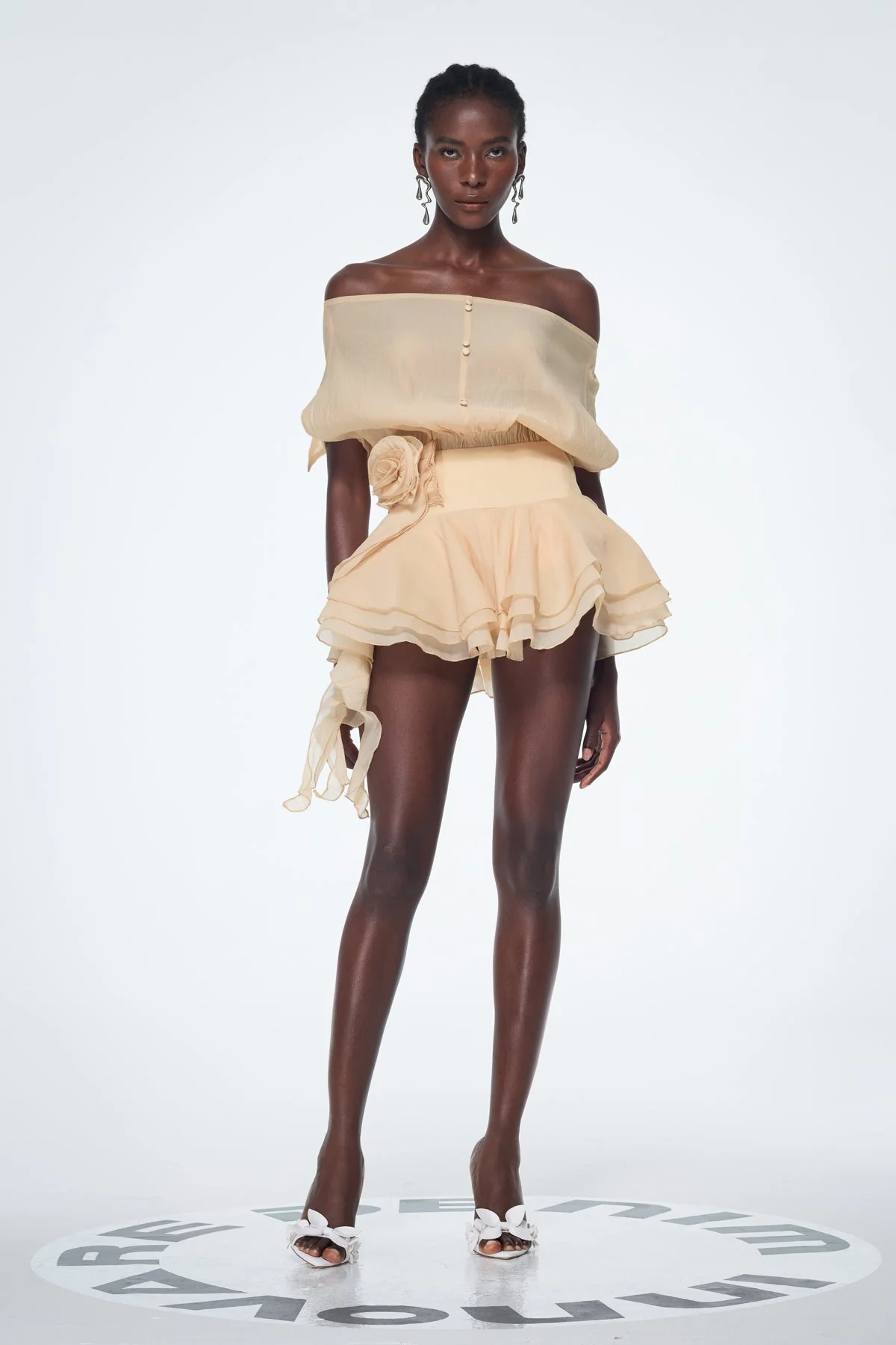 Apricot Ruffle Flower Mini Dress with Backless Design