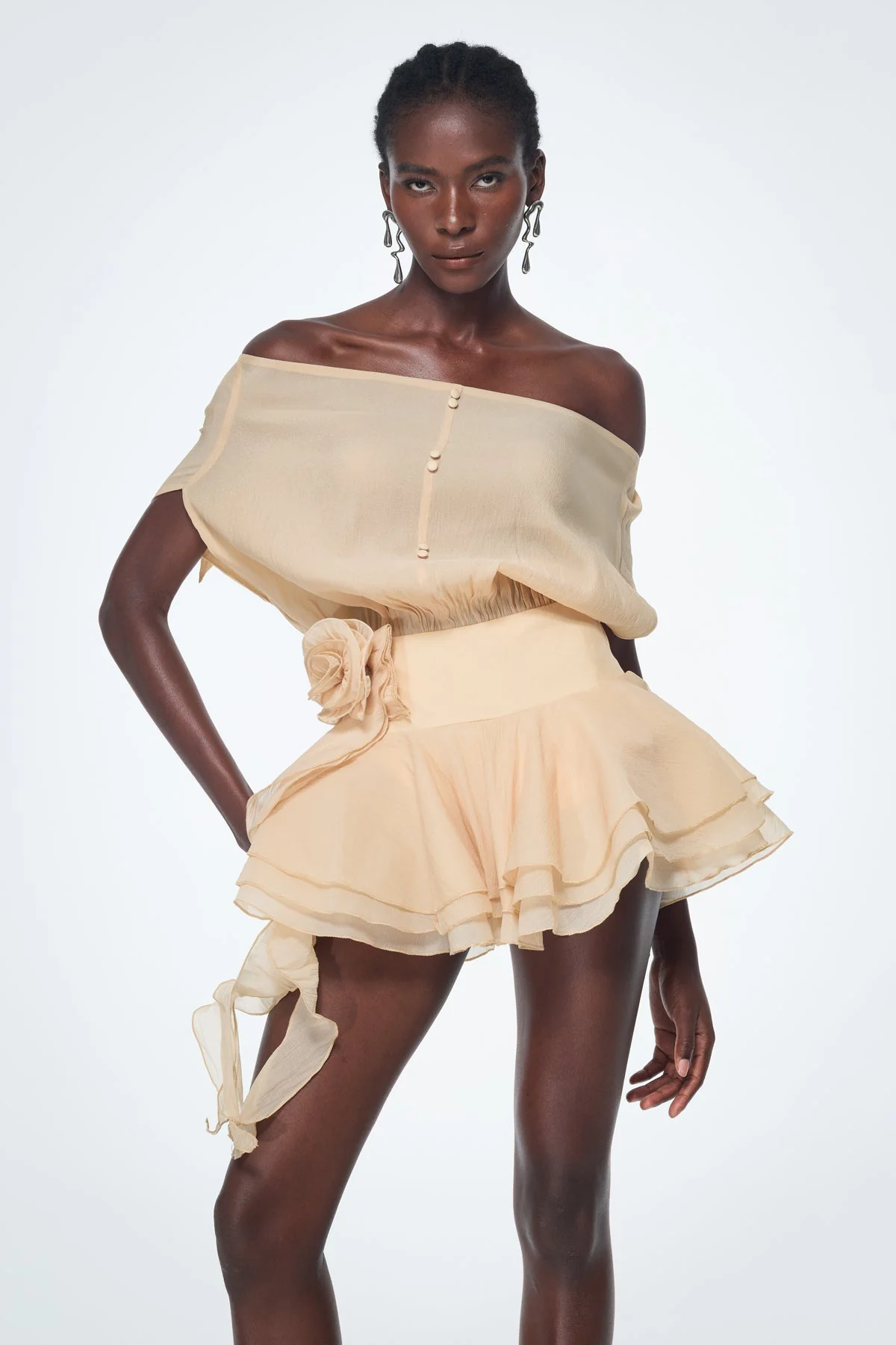 Apricot Ruffle Flower Mini Dress with Backless Design