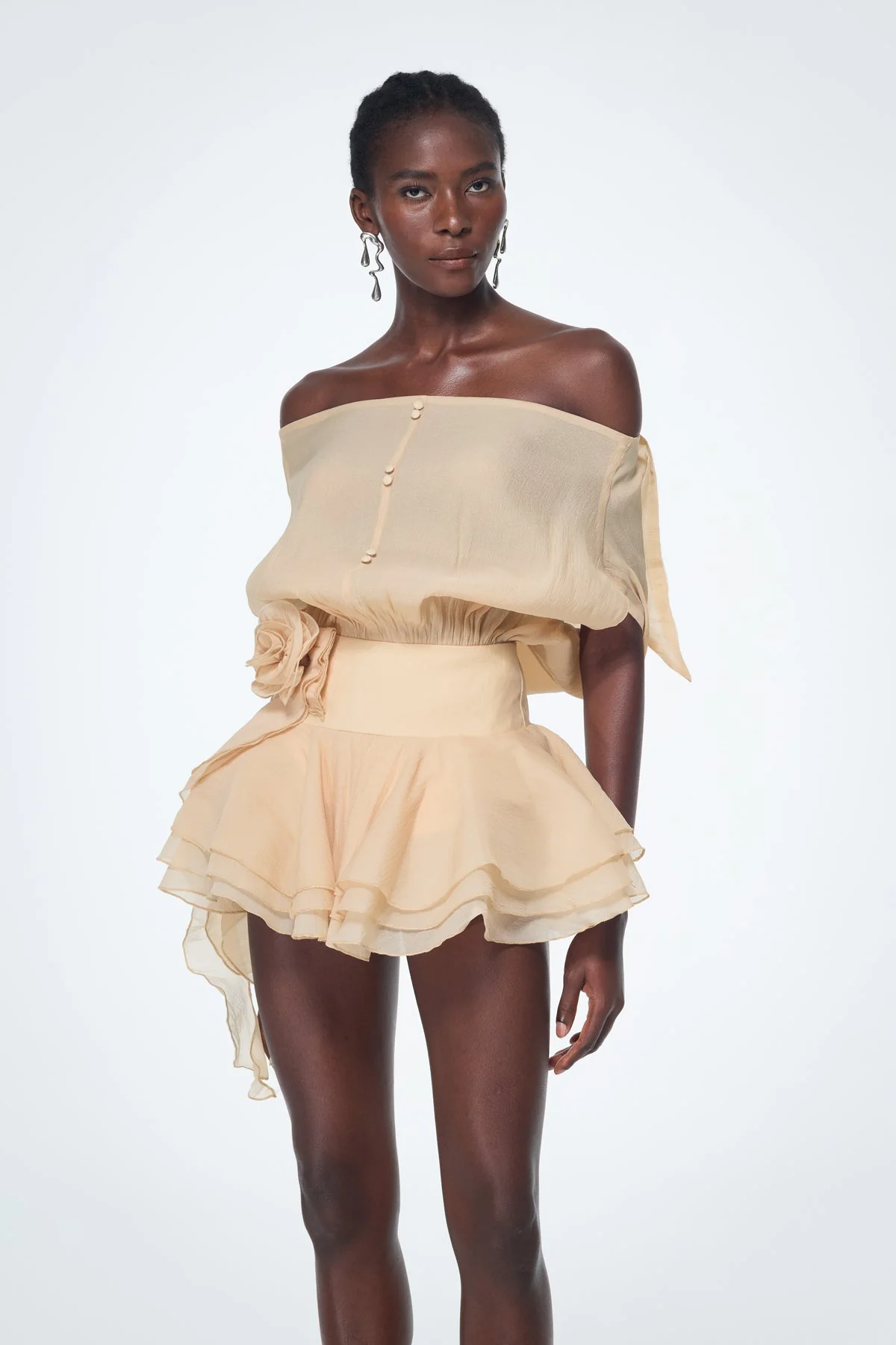 Apricot Ruffle Flower Mini Dress with Backless Design