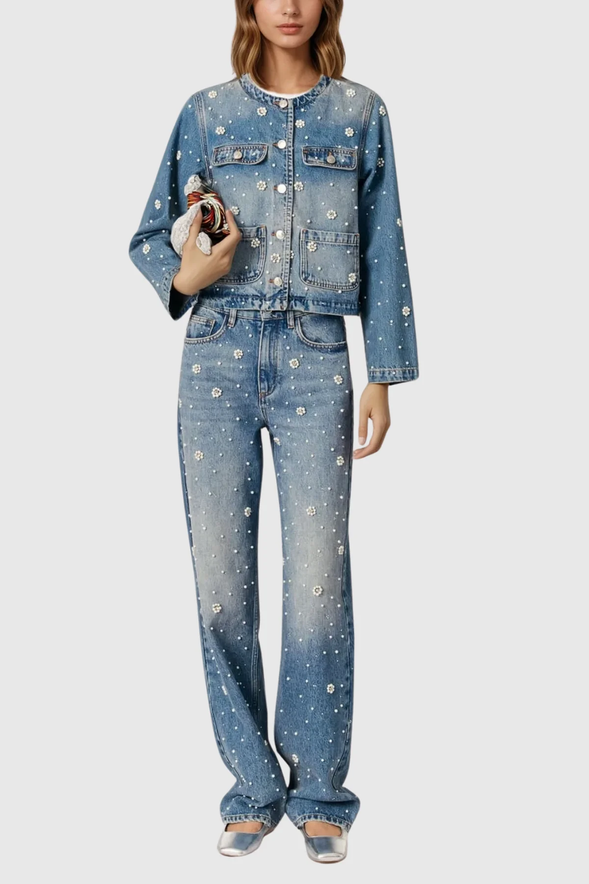 Denim Rhinestone Pearl Pants Set