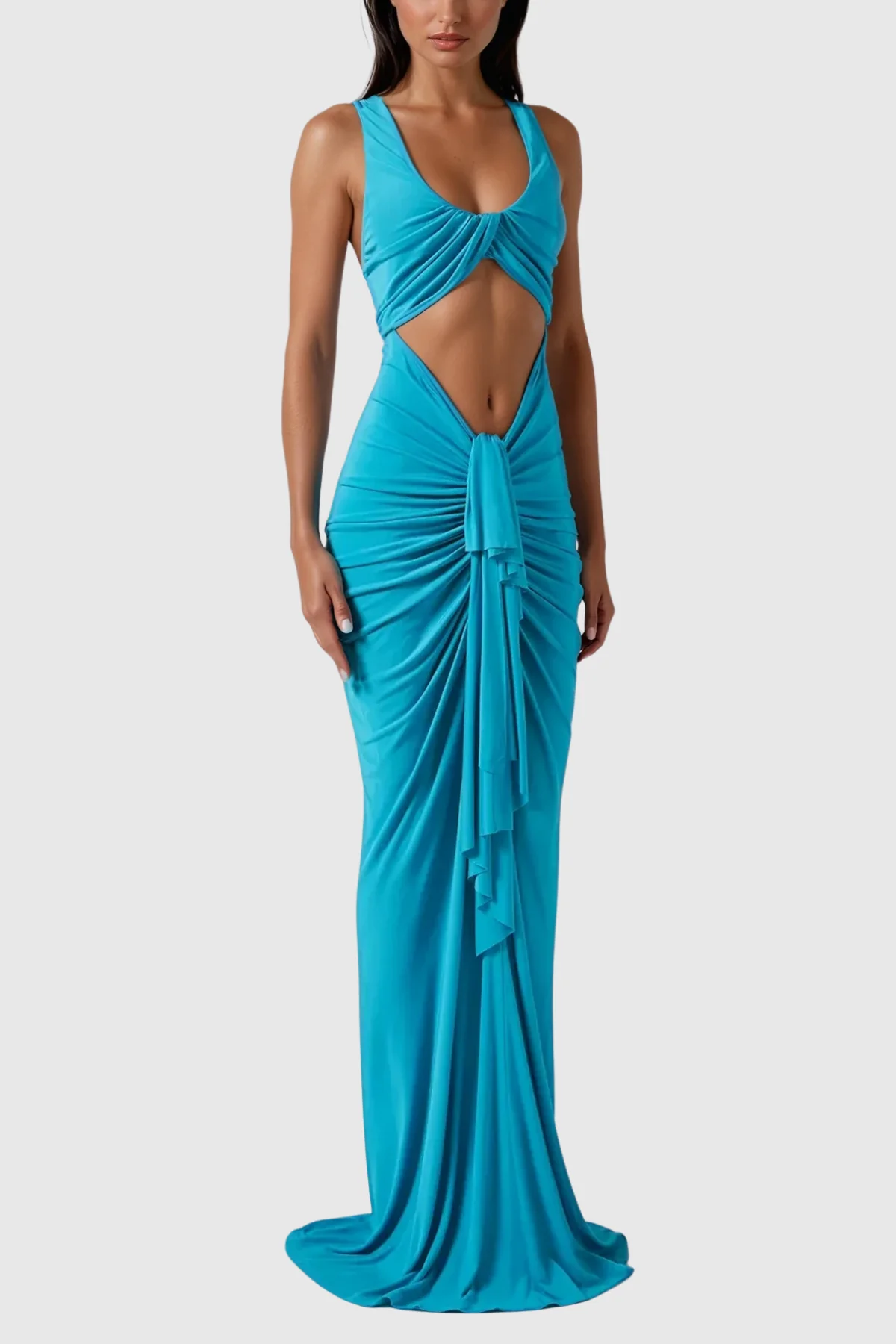 Blue Cutout Lace Up Maxi Dress