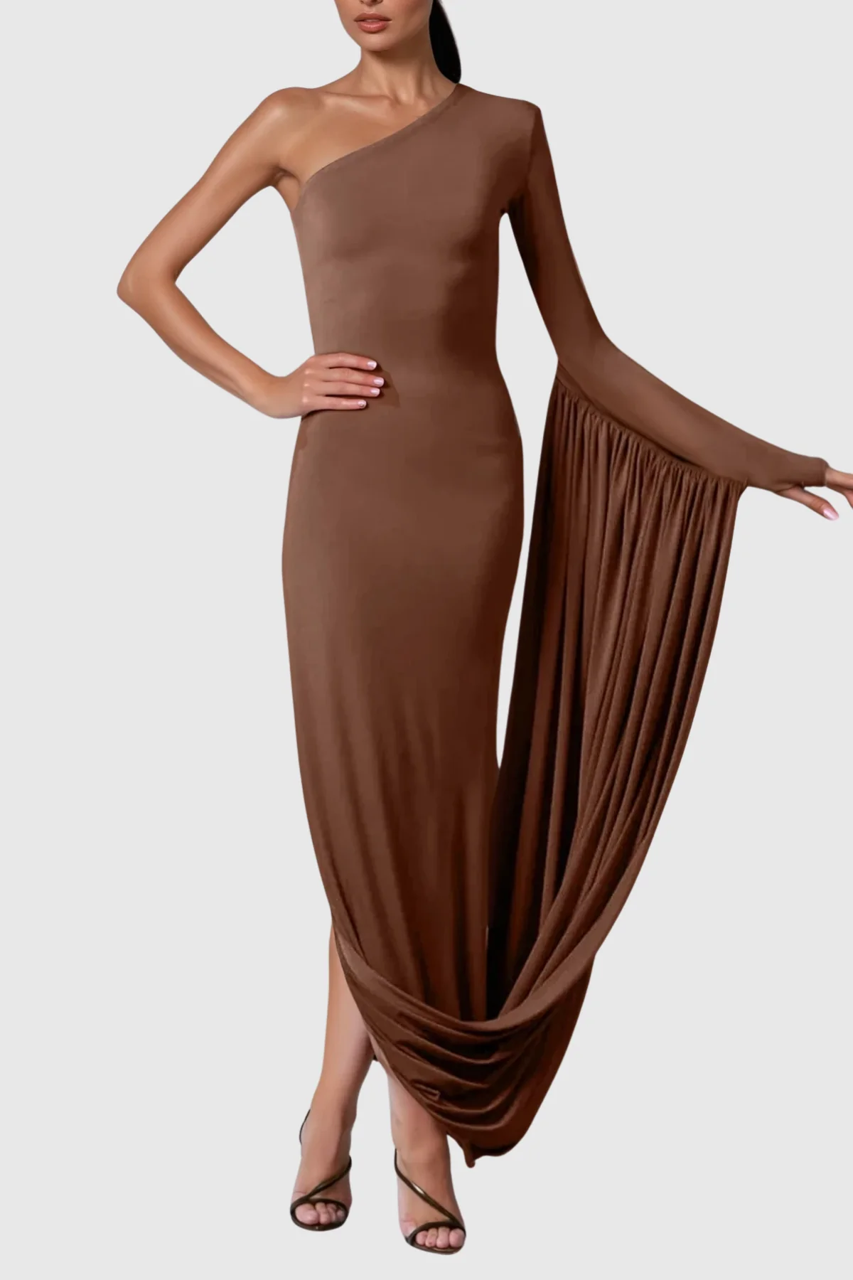 Elegant One Shoulder Ruched Maxi Dress in Brown