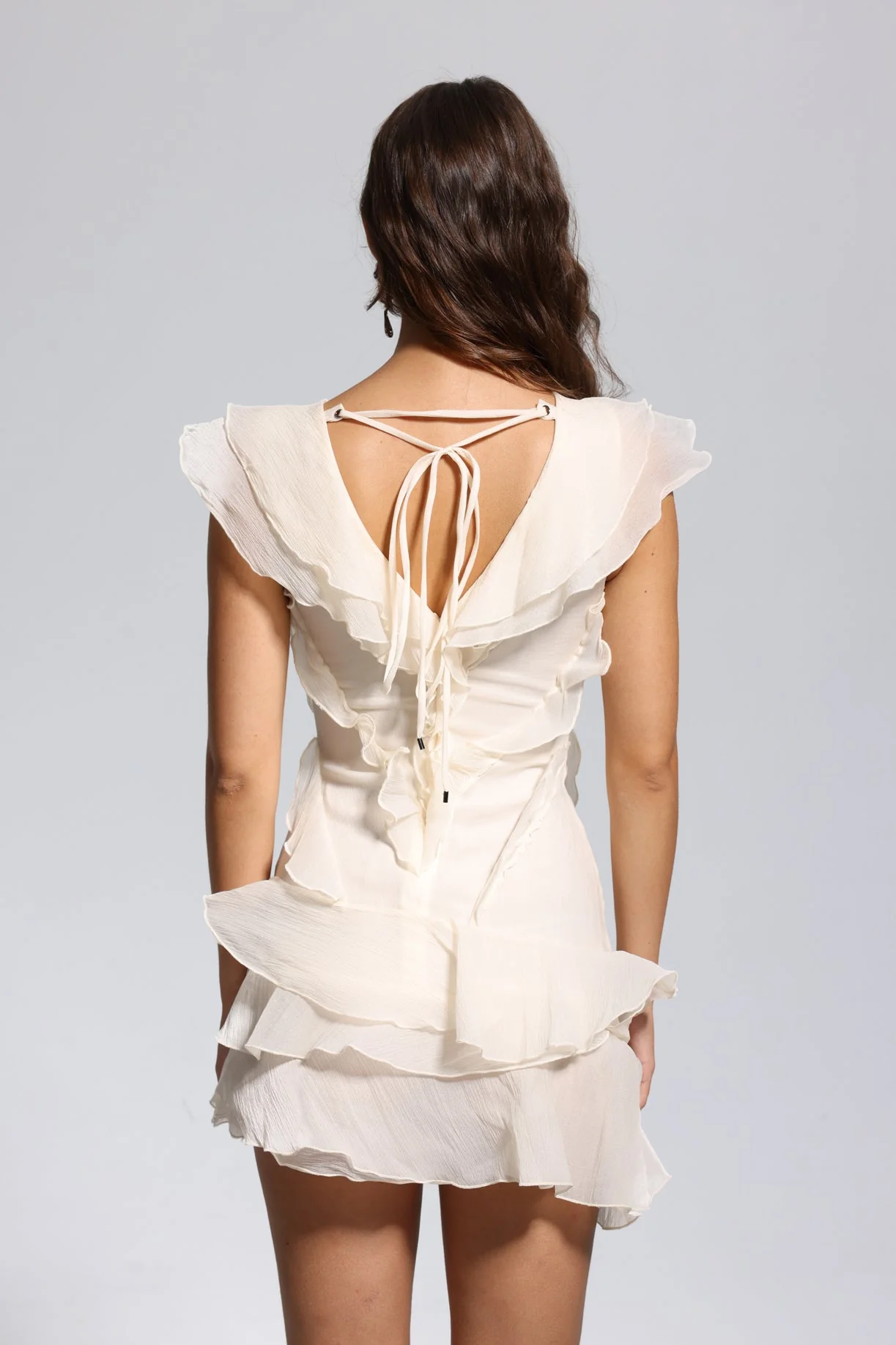 Apricot Ruffle Asymmetric Mini Dress with V Neck Detail