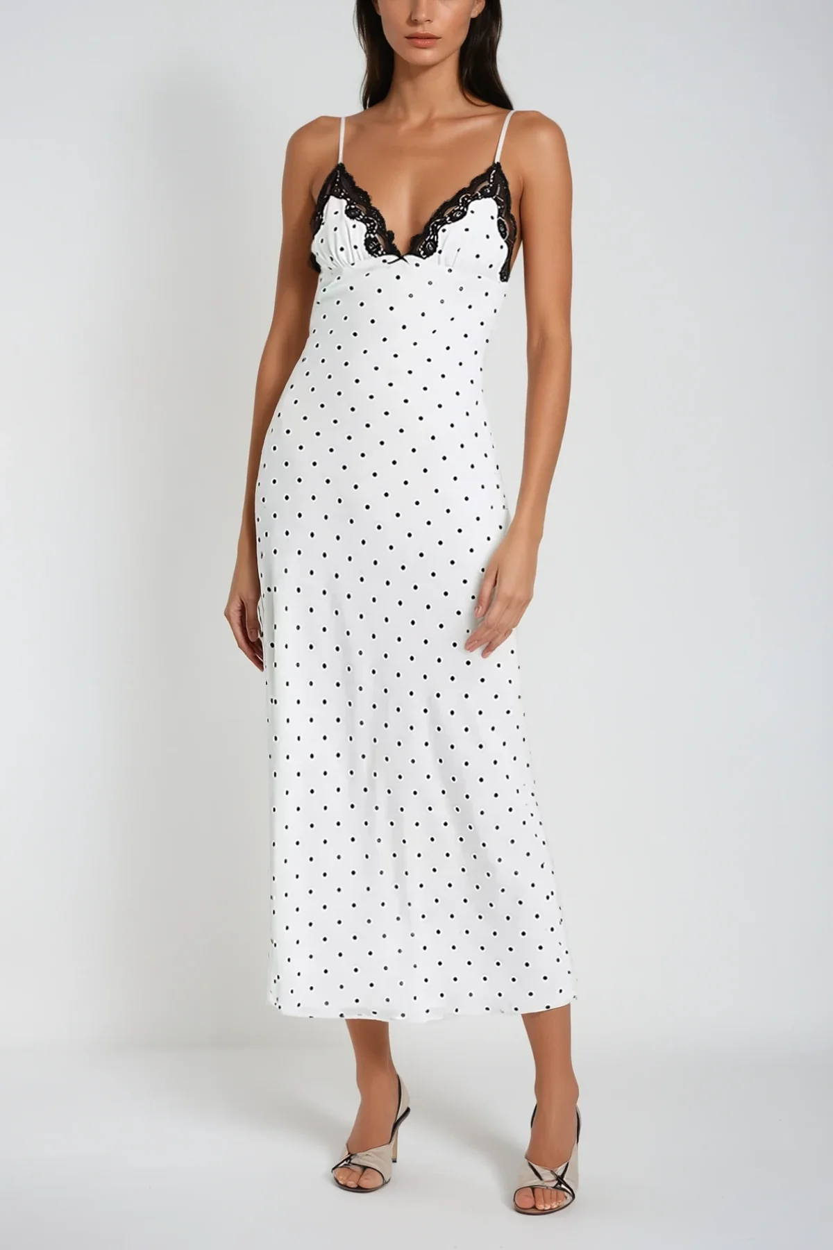 White Dot Lace Maxi Dress - Elegant Spaghetti Strap Design