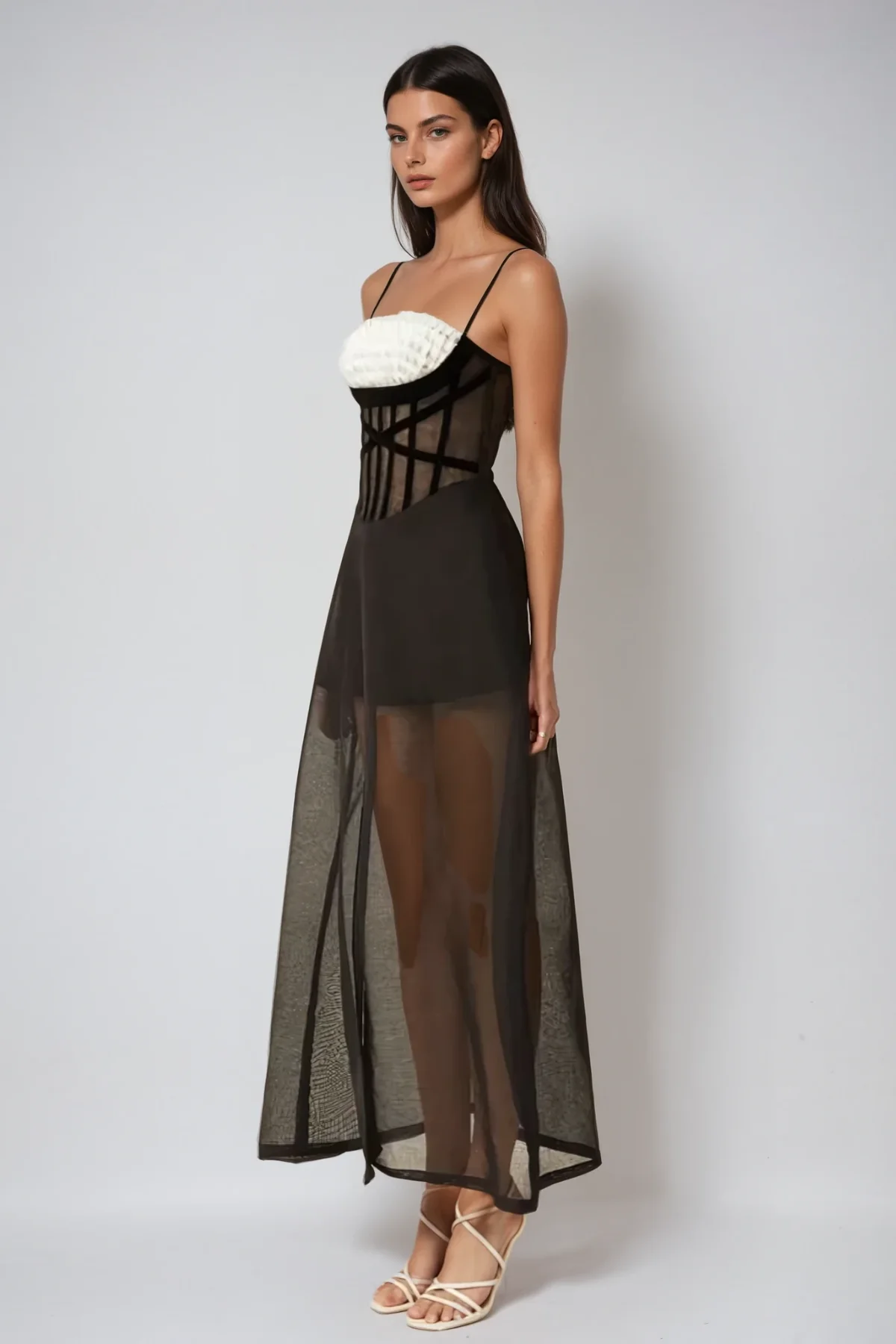 Black Mesh Corset Maxi Dress with Ruching Detail
