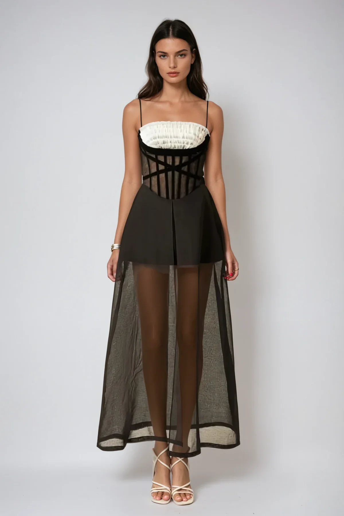 Black Mesh Corset Maxi Dress with Ruching Detail