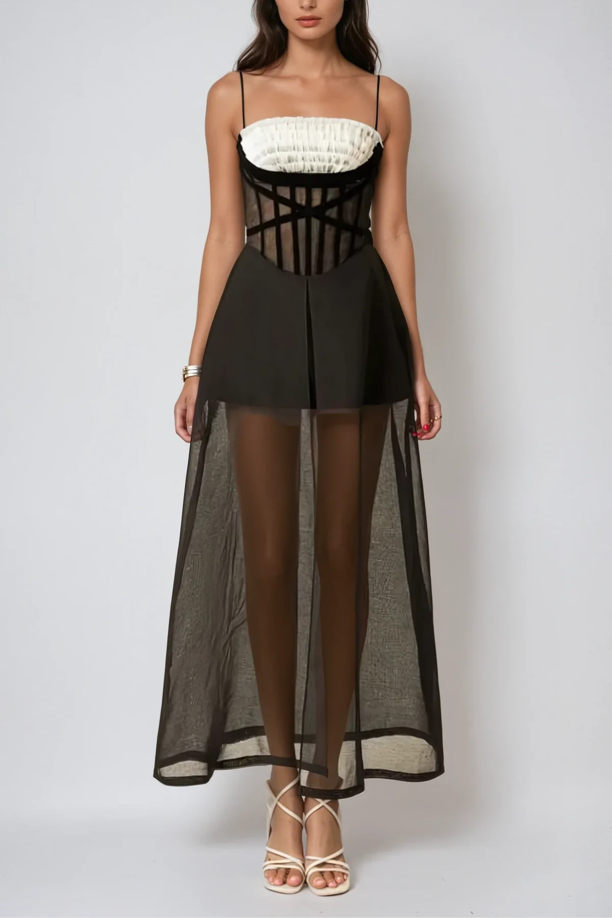 Black Mesh Corset Maxi Dress with Ruching Detail