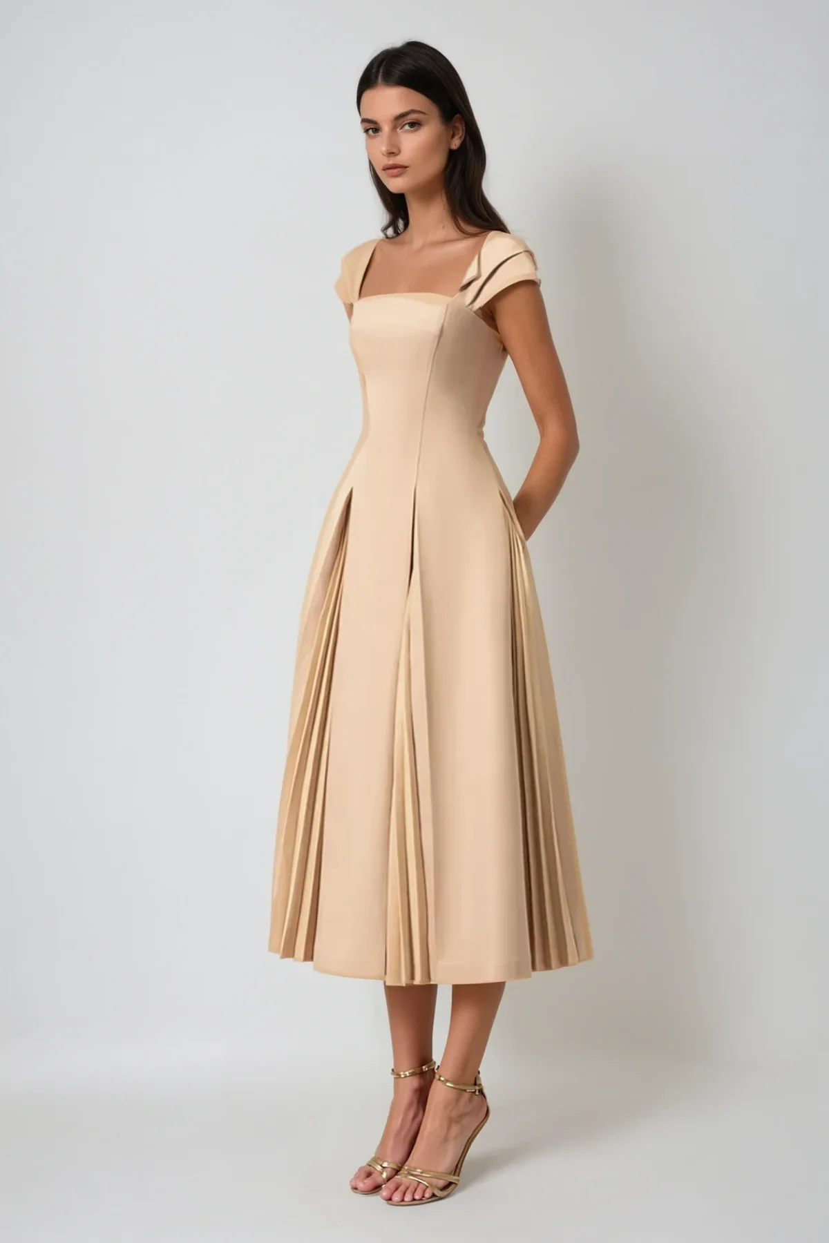 Khaki Ruch Midi Dress Elegant Chic Style