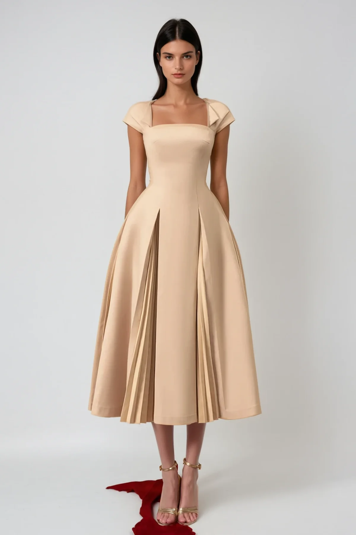 Khaki Ruch Midi Dress Elegant Chic Style