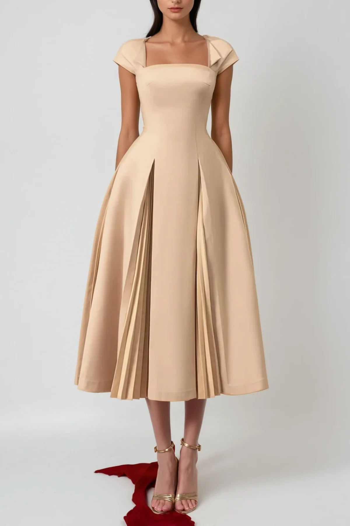 Khaki Ruch Midi Dress Elegant Chic Style