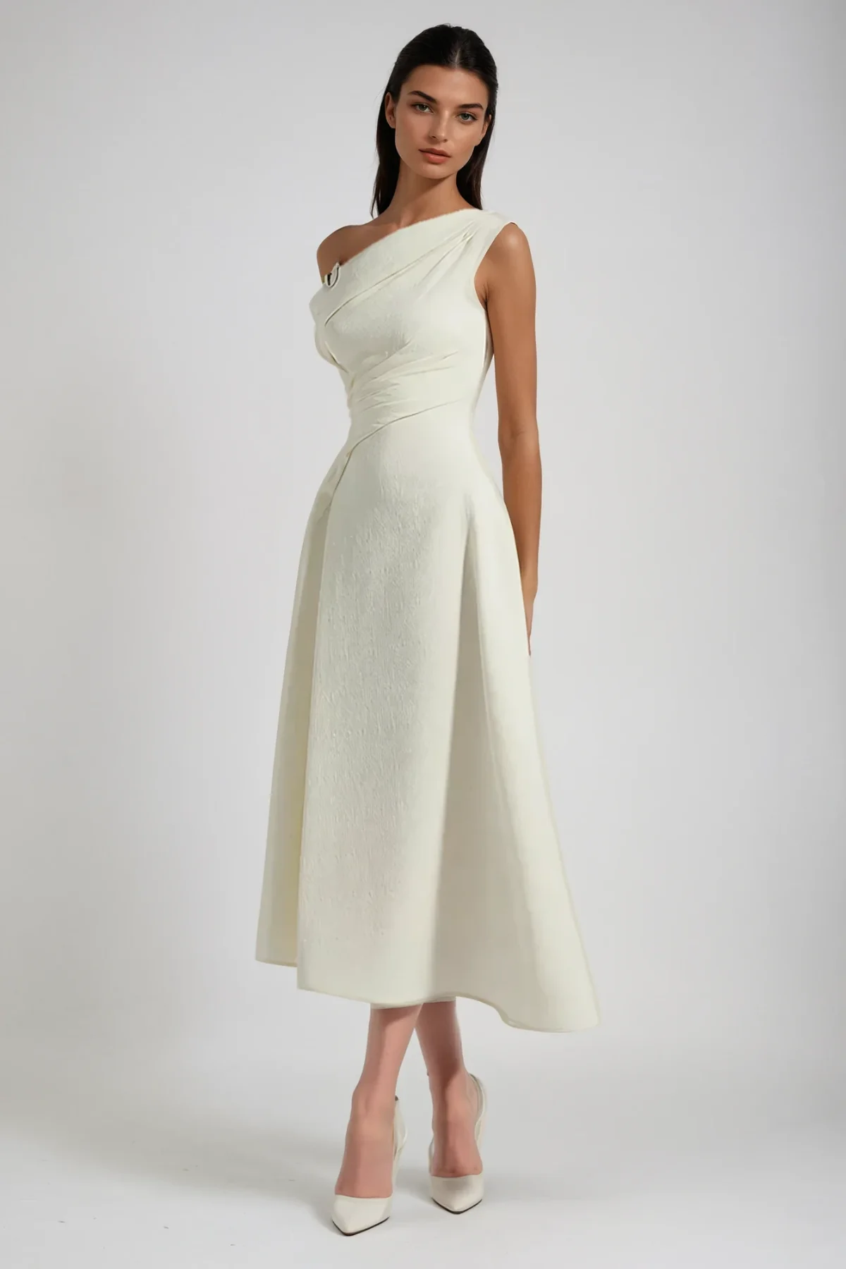 One Shoulder Ruched Midi Dress - Elegant Formal Wear