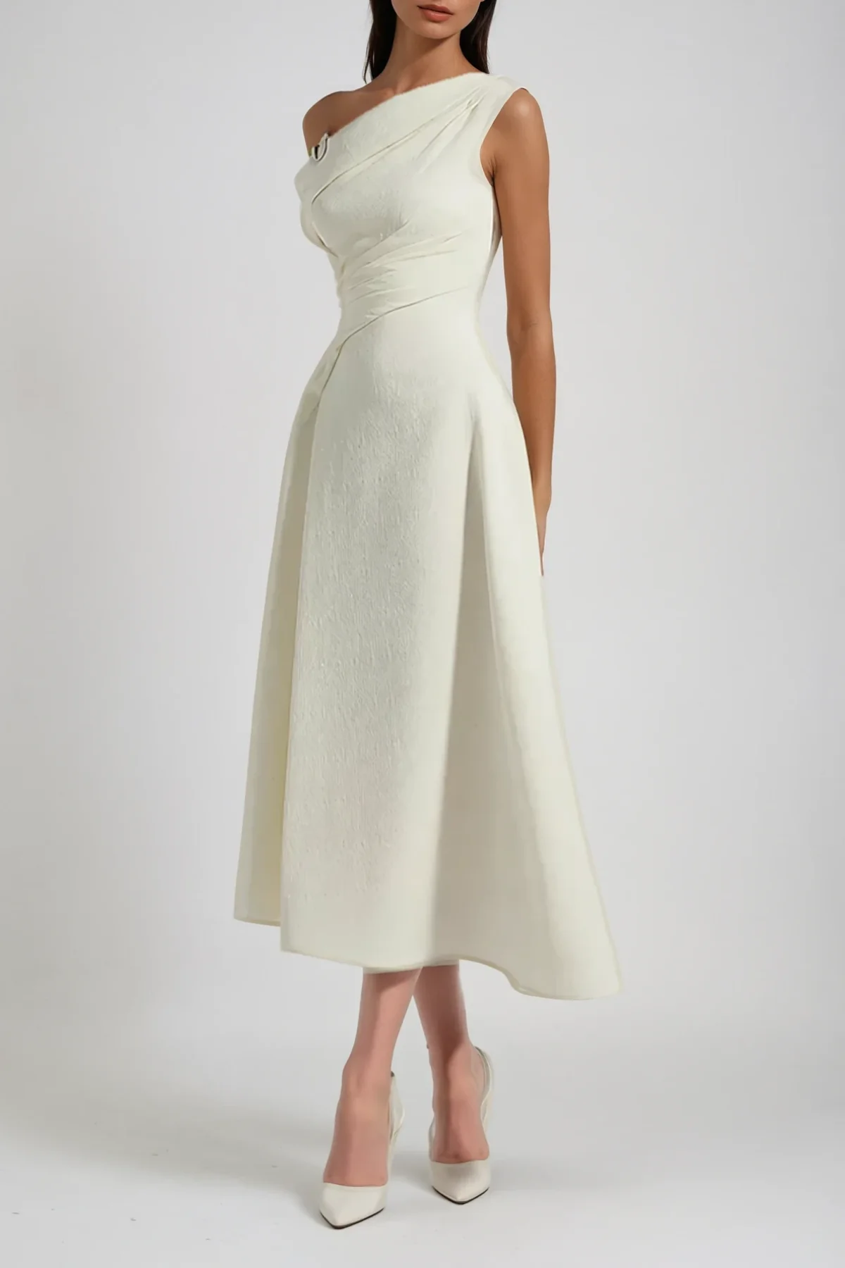 One Shoulder Ruched Midi Dress - Elegant Formal Wear