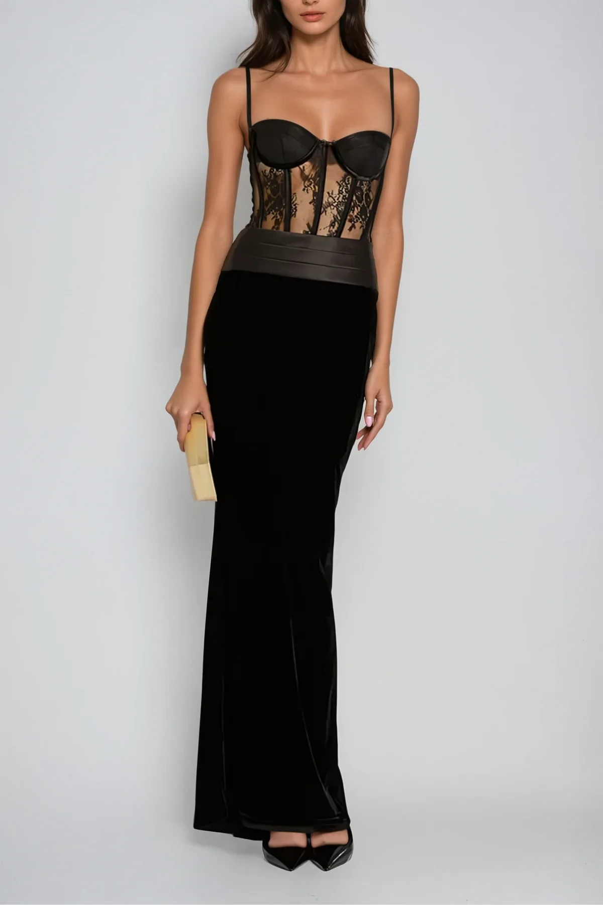 Elegant Lace Corset Maxi Dress in Black
