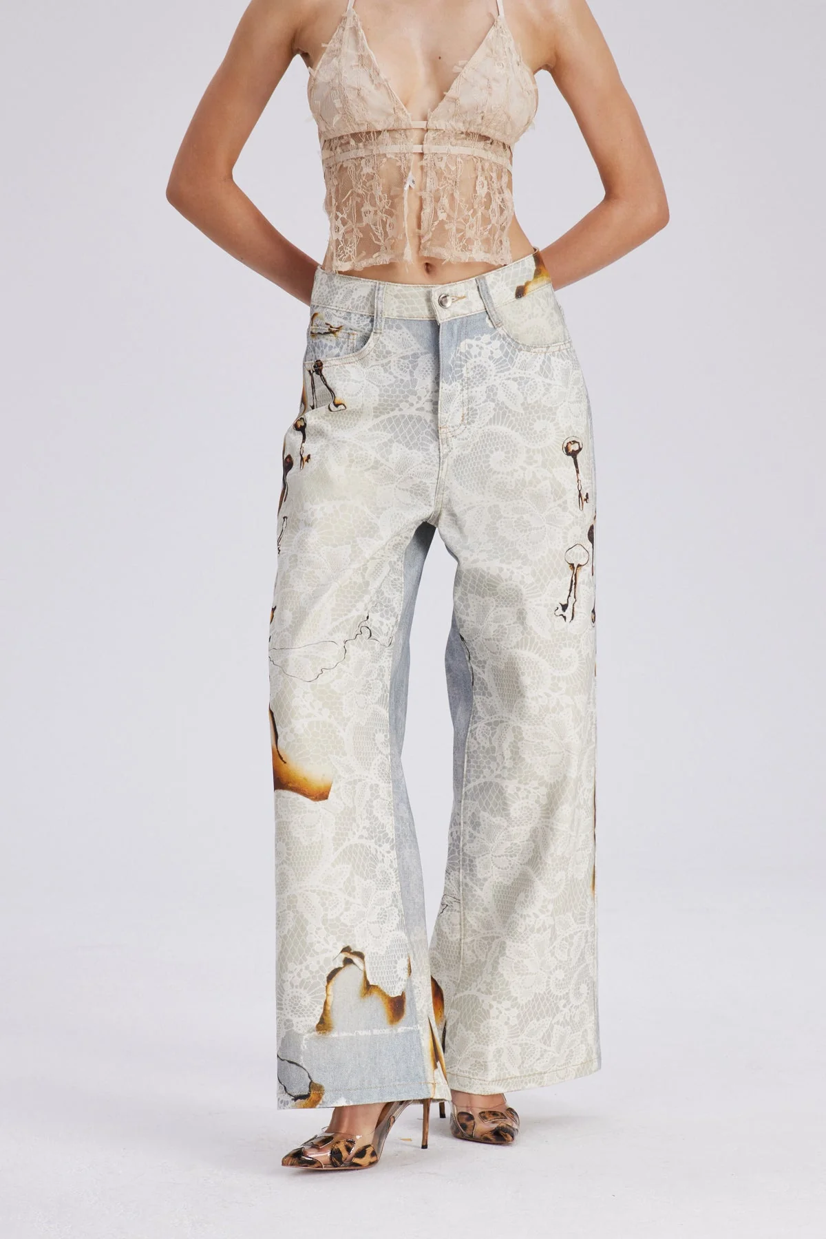 White Lace Wide Leg Jeans for Women