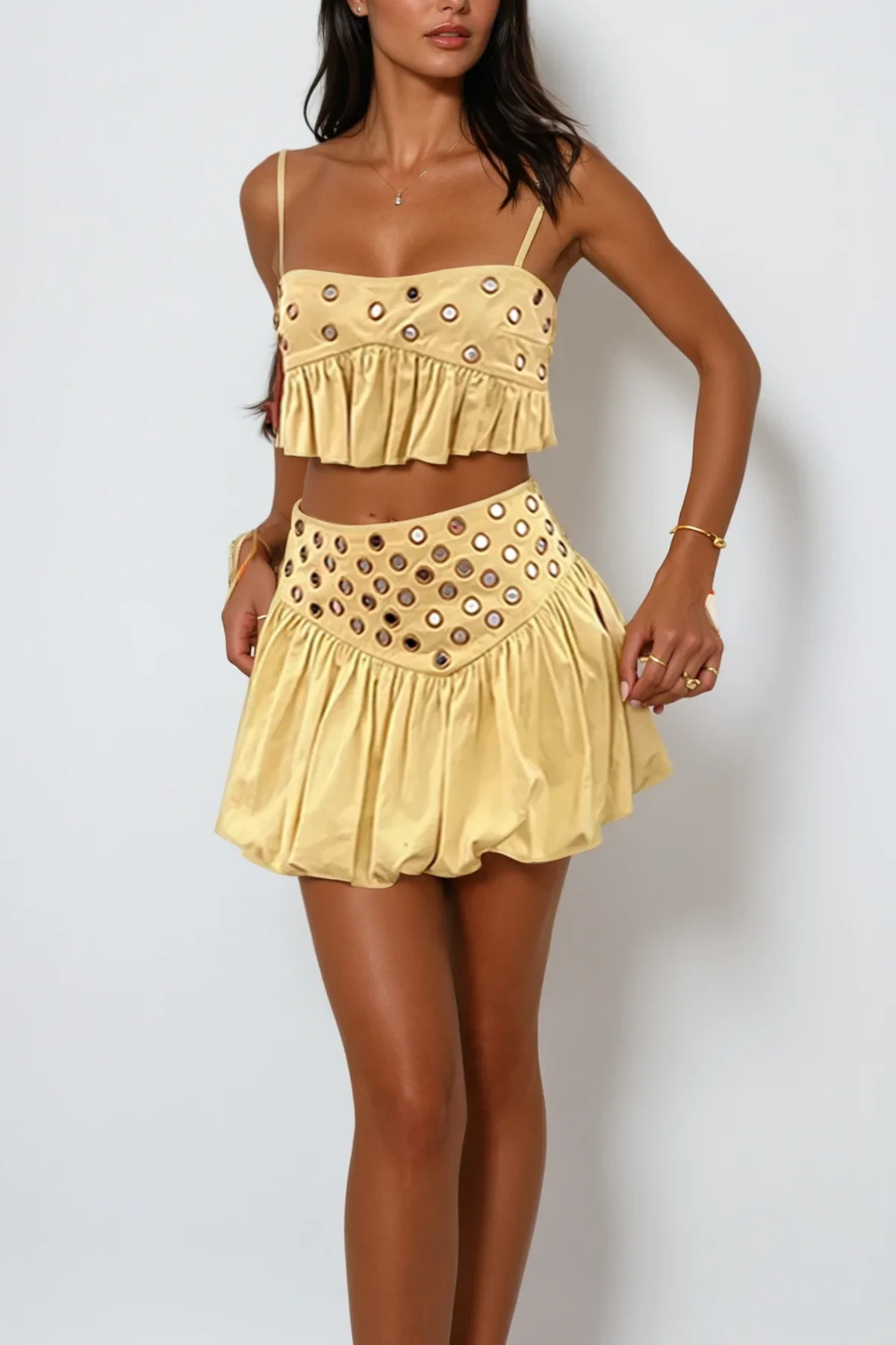 Yellow Ruched Cutout Skirt Set - Elegant Design