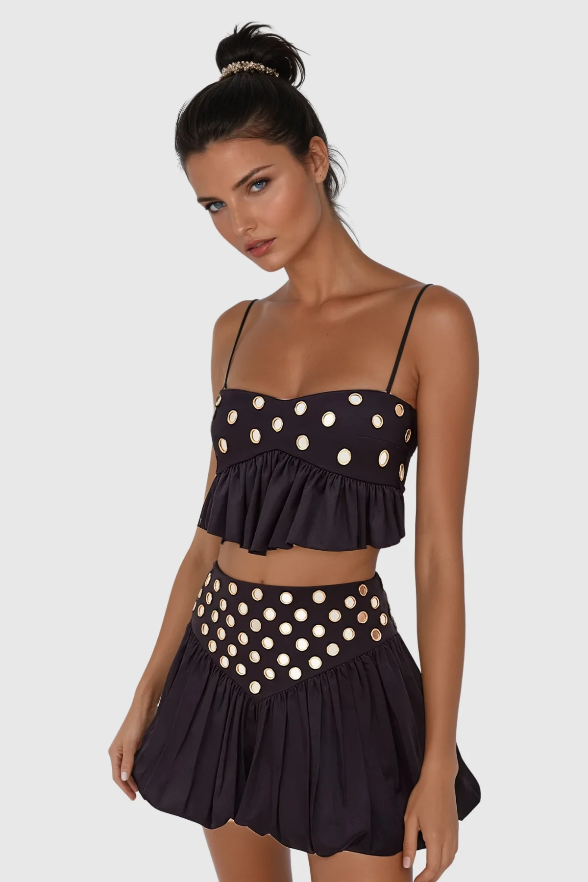 Black Ruched Skirt Set with Cutout Details