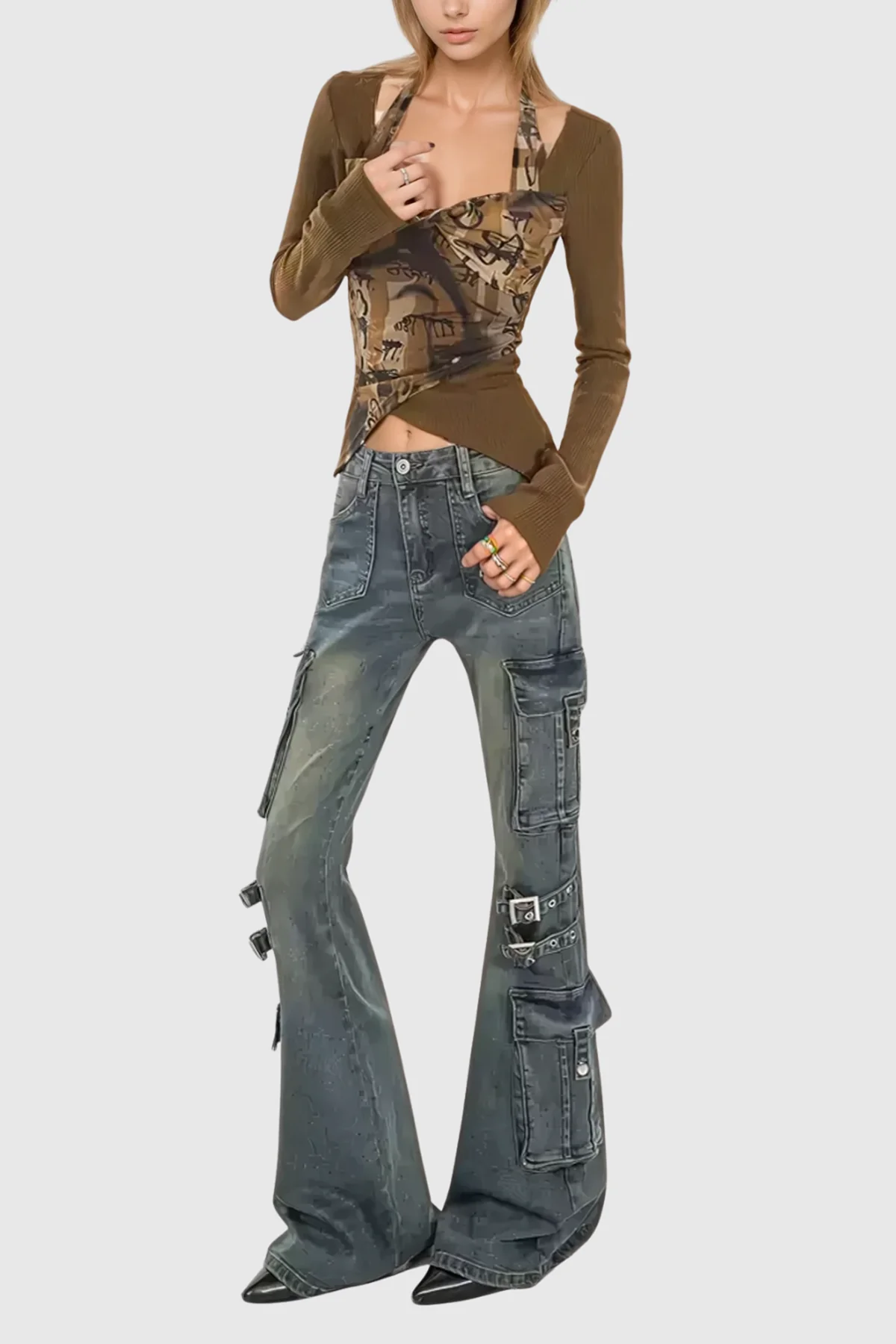 Blue Buckle Detail Cargo Bootcut Jeans for Urban Edge Style