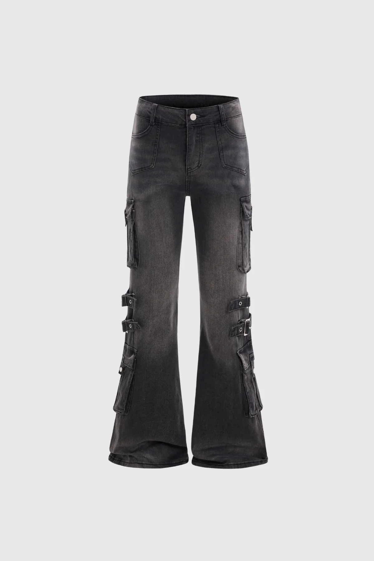 Black Cargo Bootcut Jeans with Buckle Details