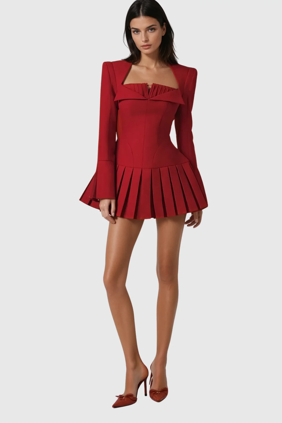 Red Ruch Long Sleeve Mini Dress | Elegant Flattering Design
