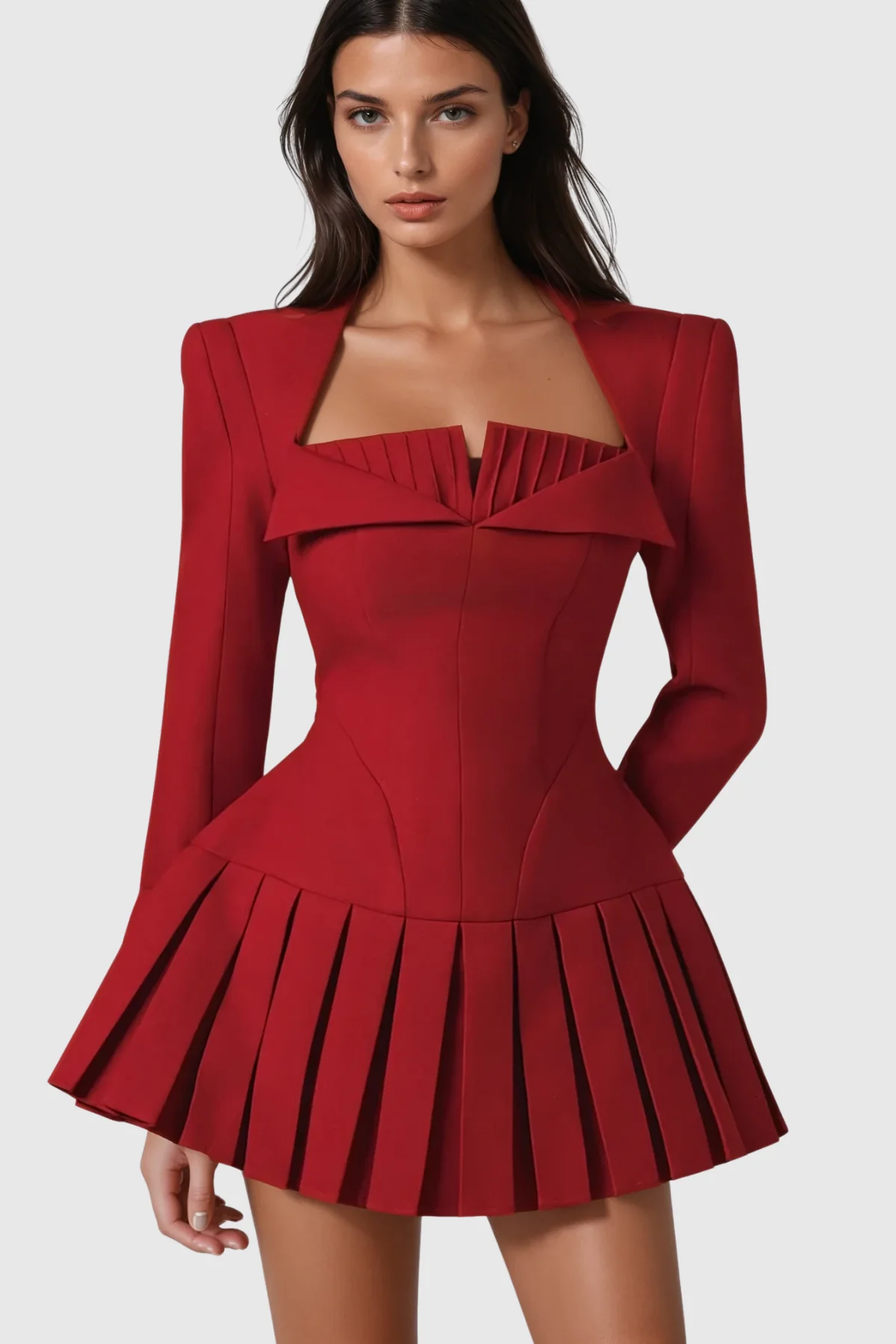 Red Ruch Long Sleeve Mini Dress | Elegant Flattering Design