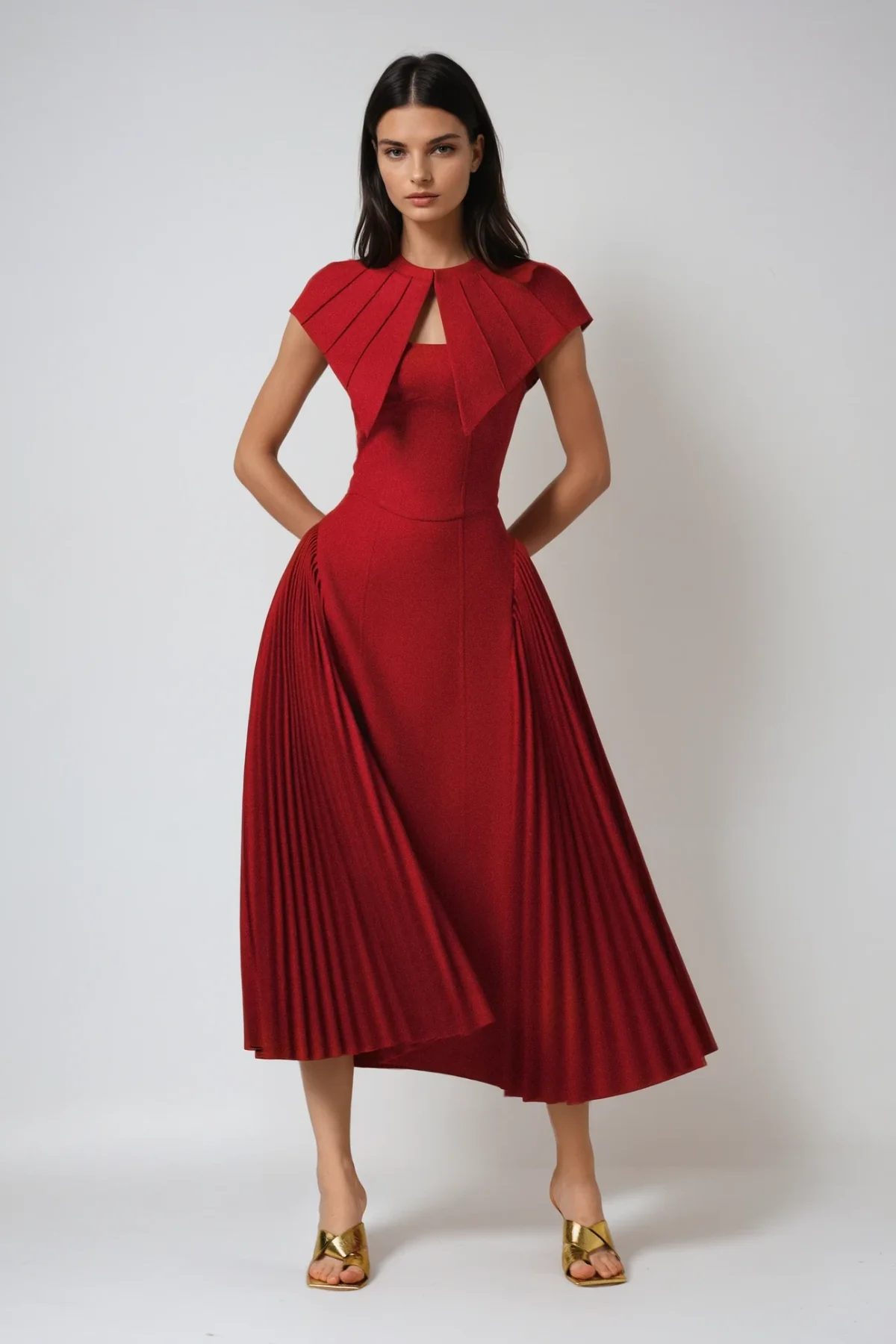 Red Shawl Ruch Maxi Dress - Elegant Deconstructed Silhouette