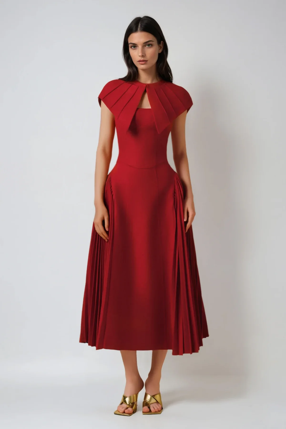 Red Shawl Ruch Maxi Dress - Elegant Deconstructed Silhouette