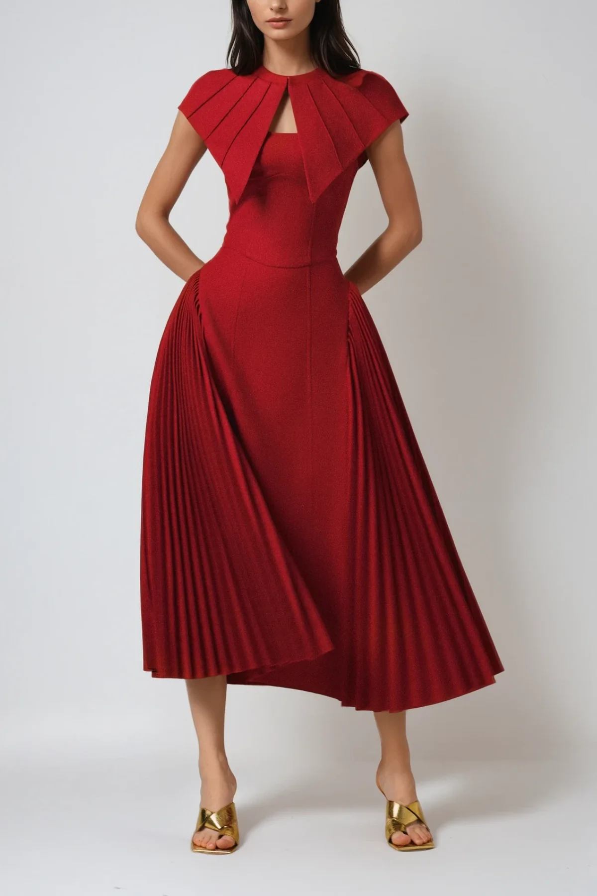 Red Shawl Ruch Maxi Dress - Elegant Deconstructed Silhouette