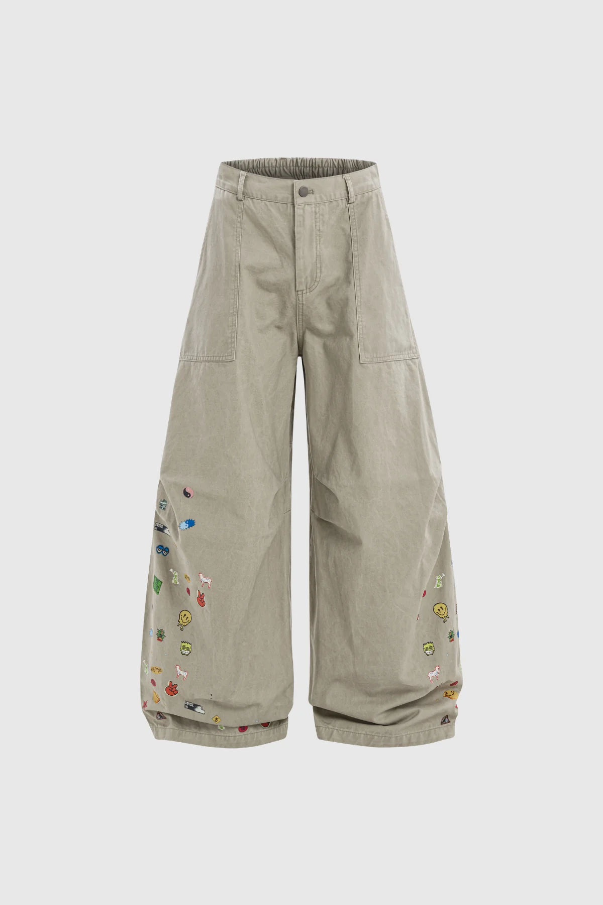 Khaki Wide Leg Jeans with Subtle Print - Comfort and Style