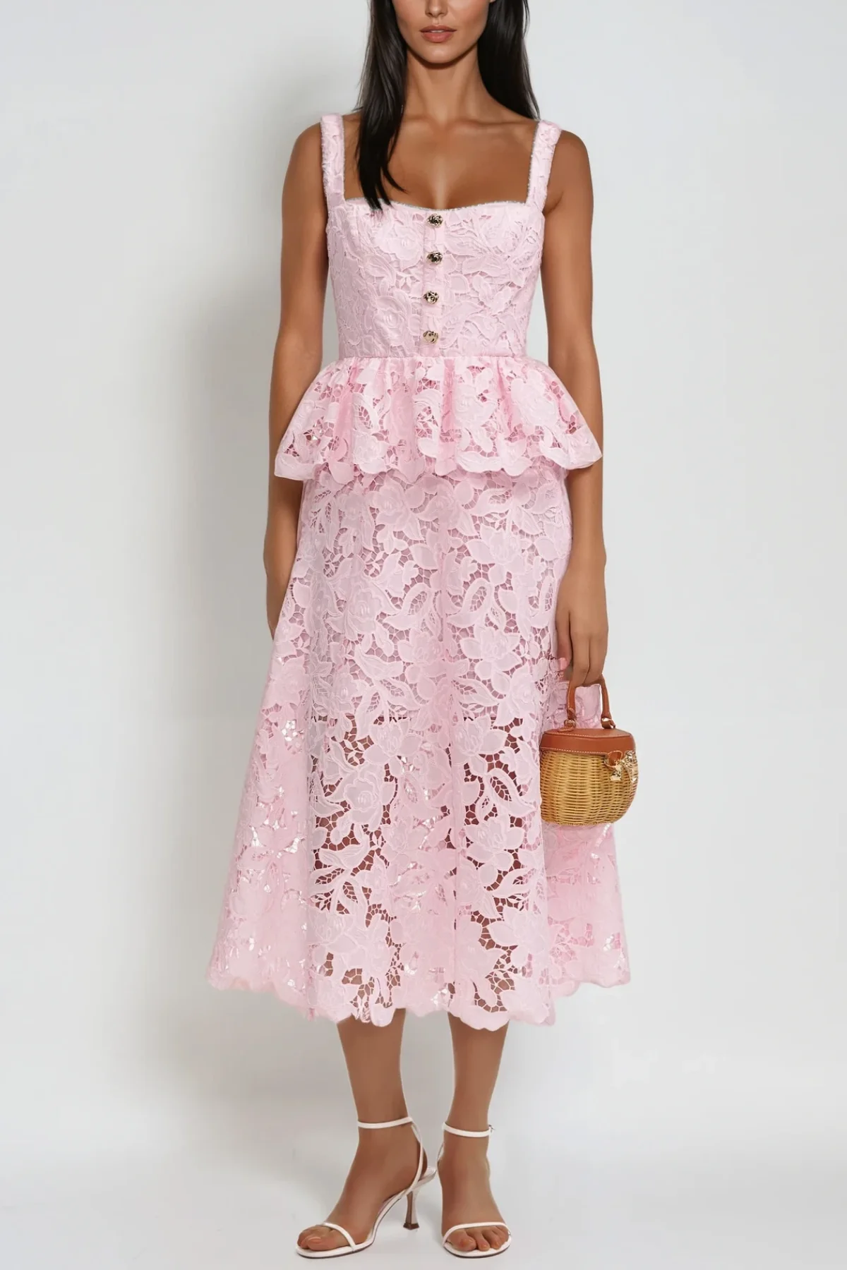 Pink Lace Maxi Dress with Spaghetti Straps