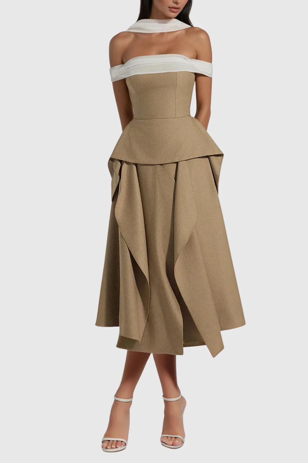 Asymmetric Brown Maxi Dress with Off-Shoulder Design