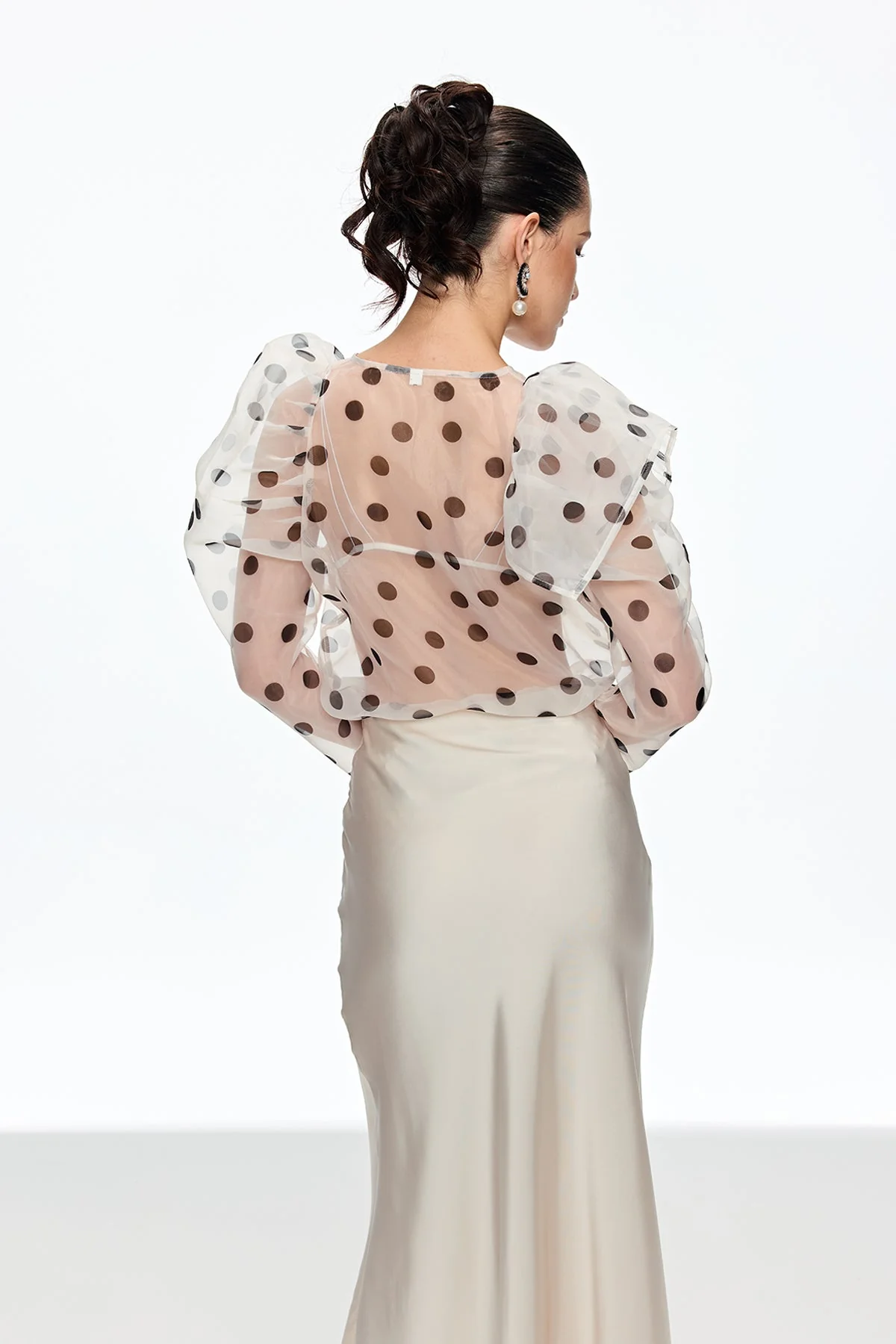 White Polka Dot Balloon Sleeve Top - Elegant Modern Design