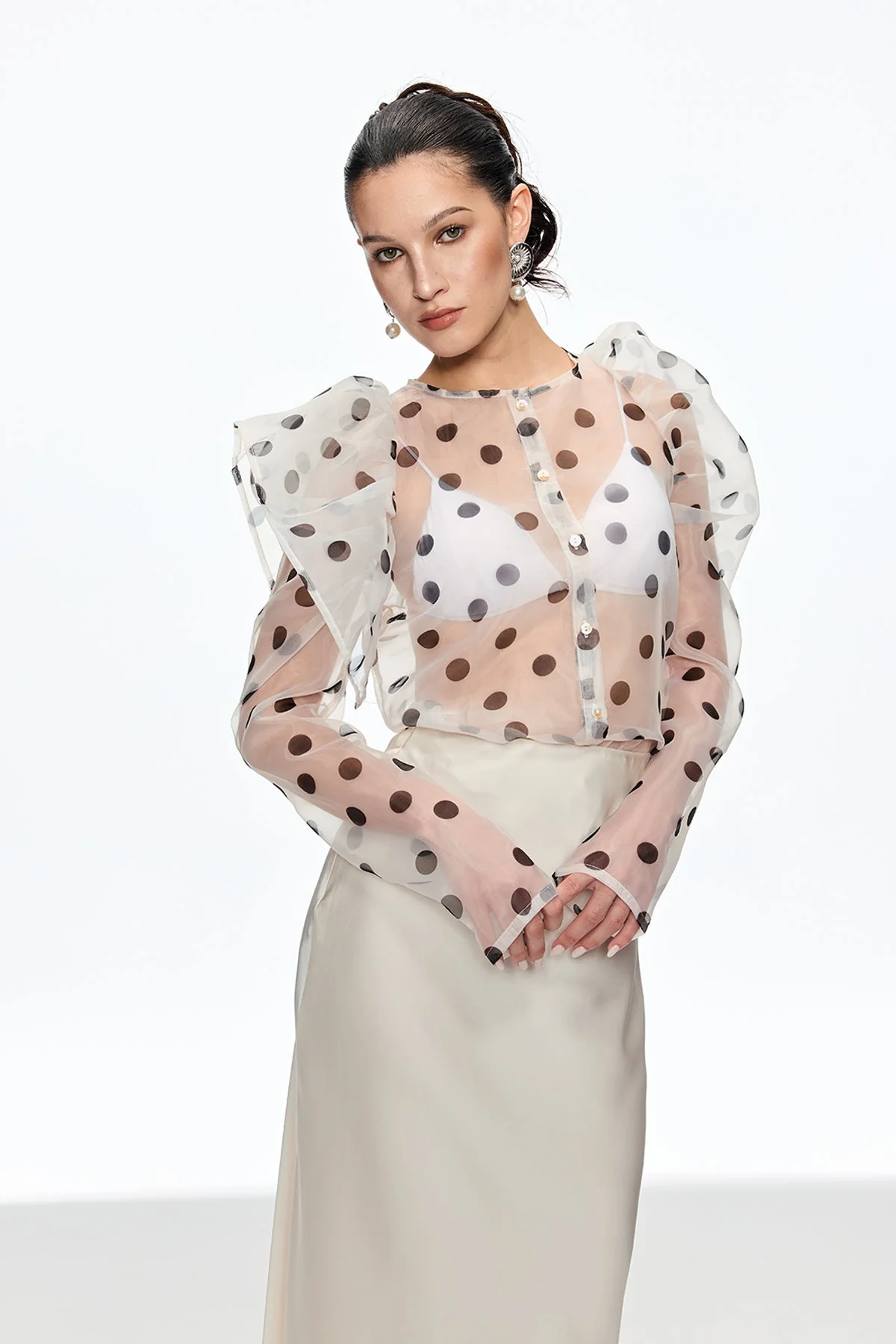 White Polka Dot Balloon Sleeve Top - Elegant Modern Design