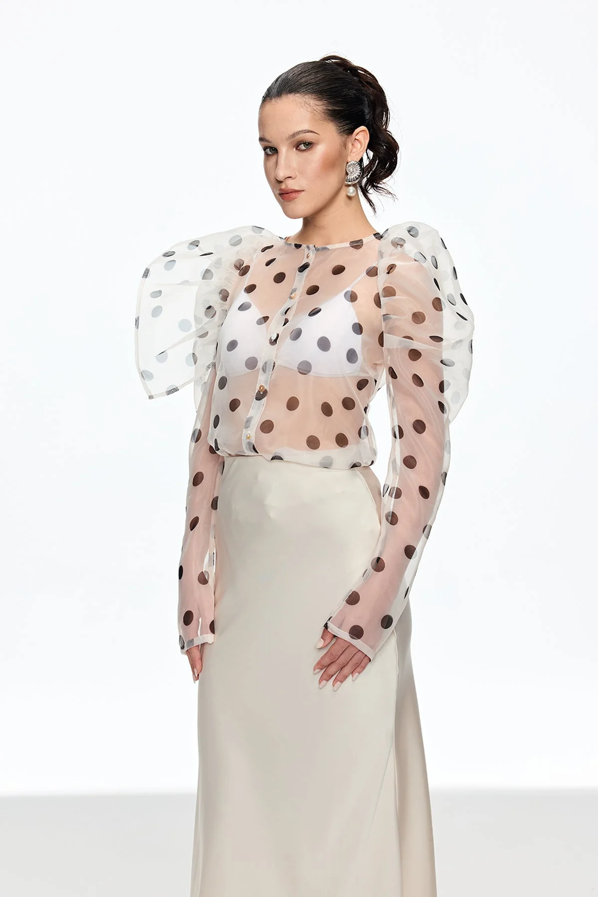 White Polka Dot Balloon Sleeve Top - Elegant Modern Design