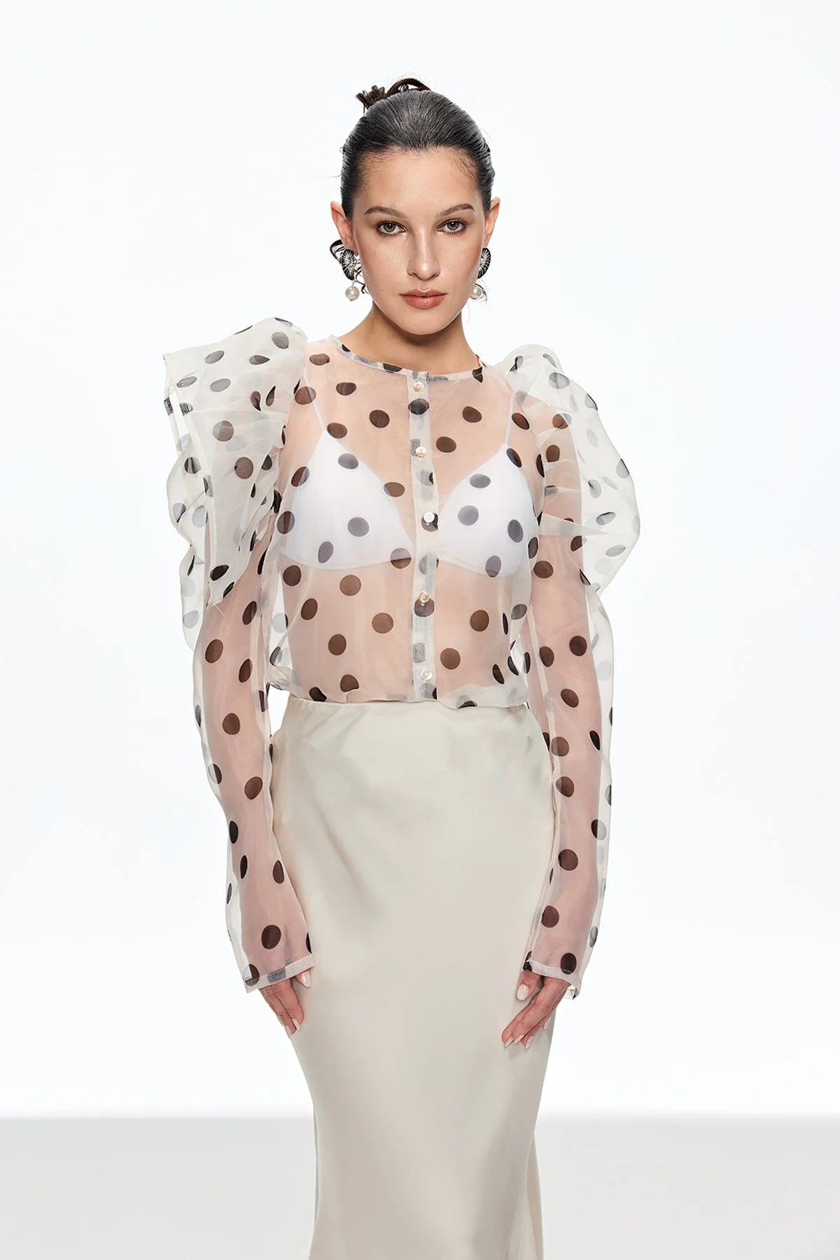 White Polka Dot Balloon Sleeve Top - Elegant Modern Design