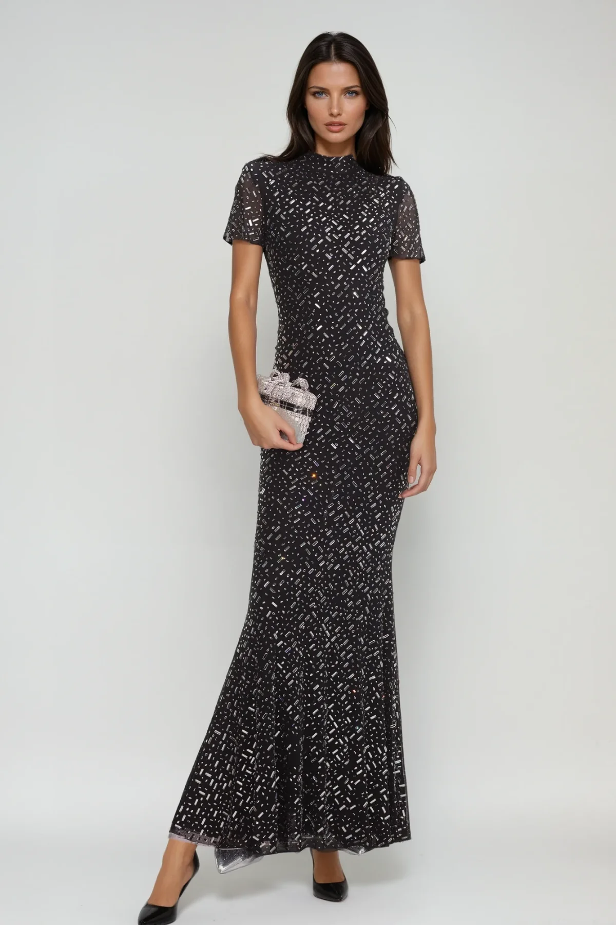 Black Rhinestone Bodycon Maxi Dress