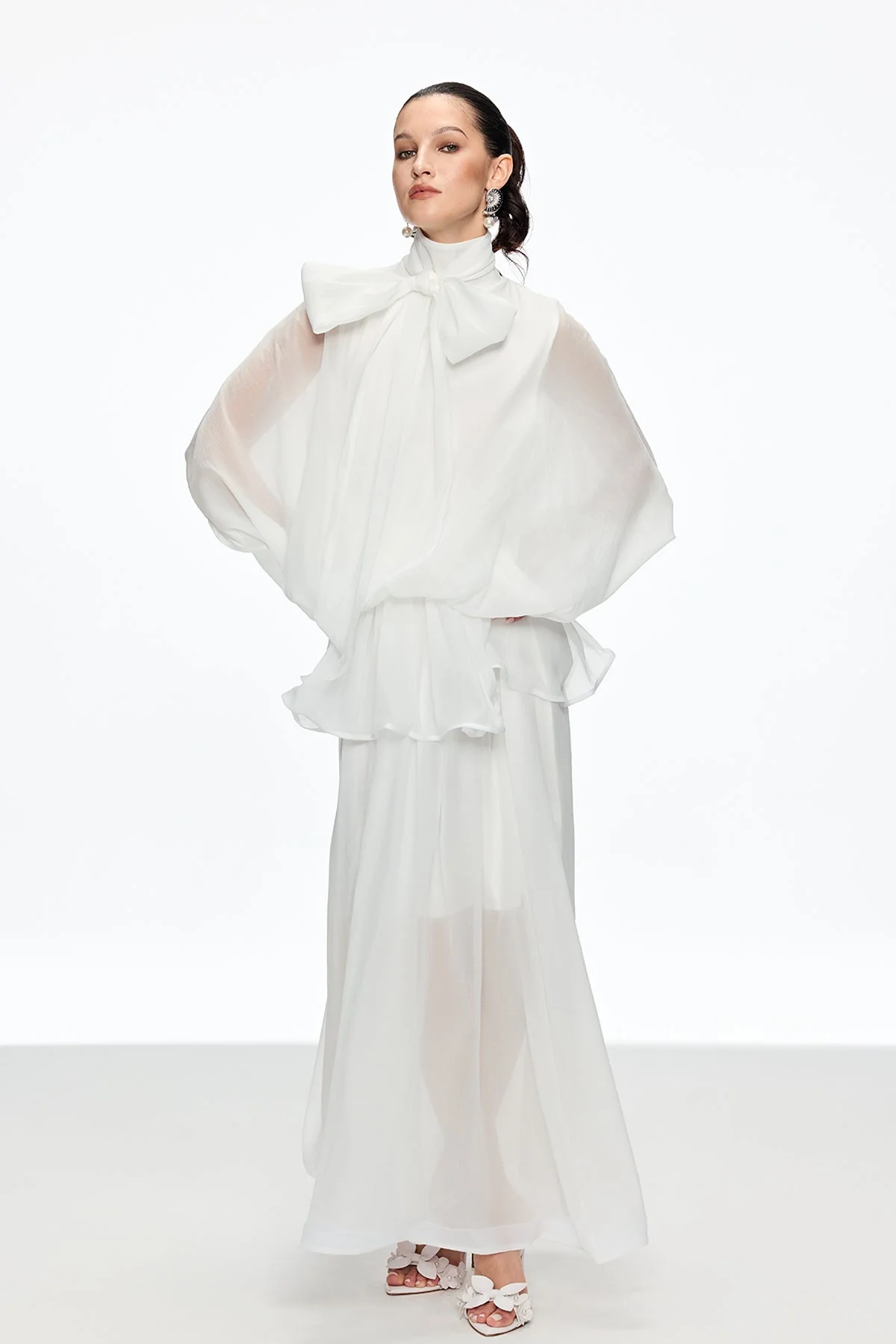 White Bow Ruffle Maxi Dress for Women