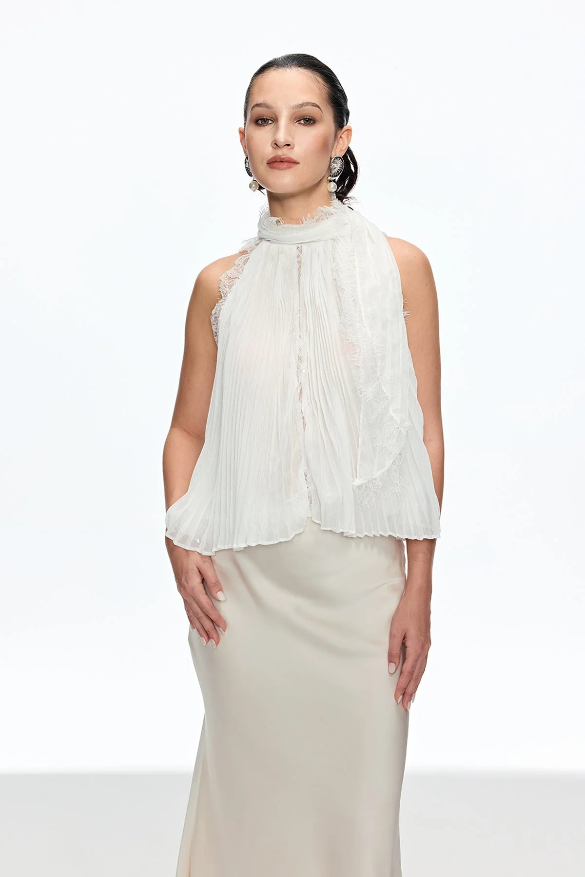 Satin White Sleeveless Skirt Set with Pearl Accents