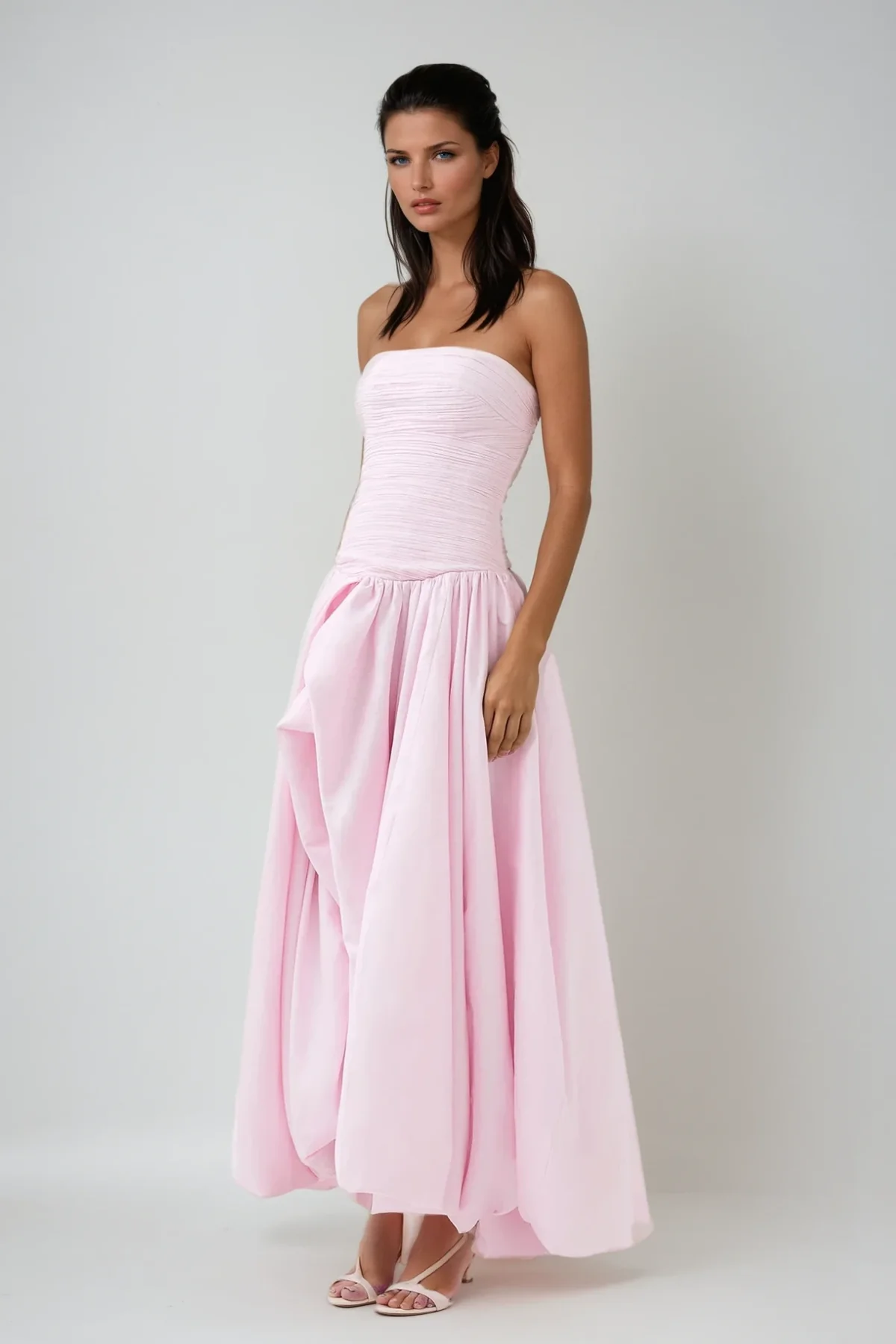 Pink Strapless Ruffle Maxi Dress